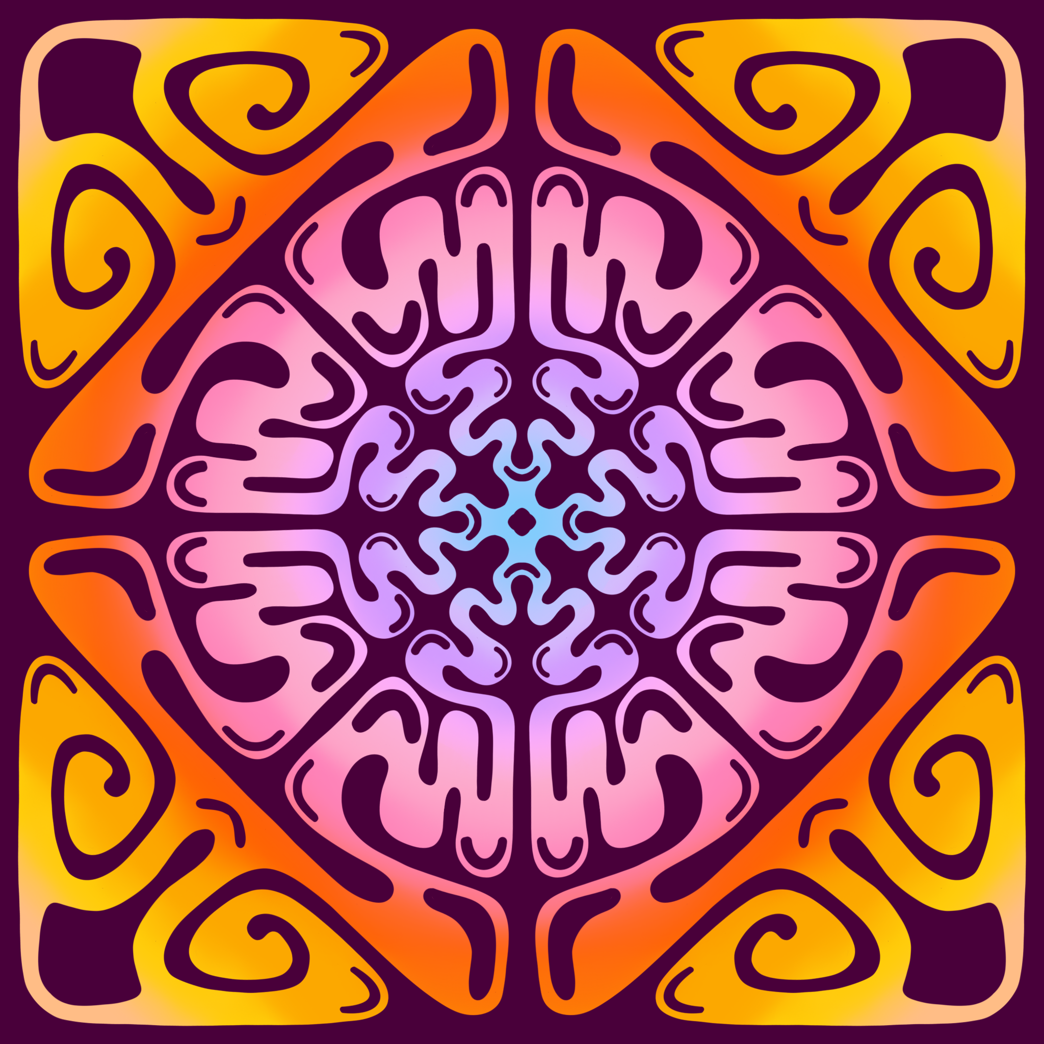 Colorful abstract symmetrical pattern with swirling shapes in purple, pink, orange, yellow, and blue on a dark background.