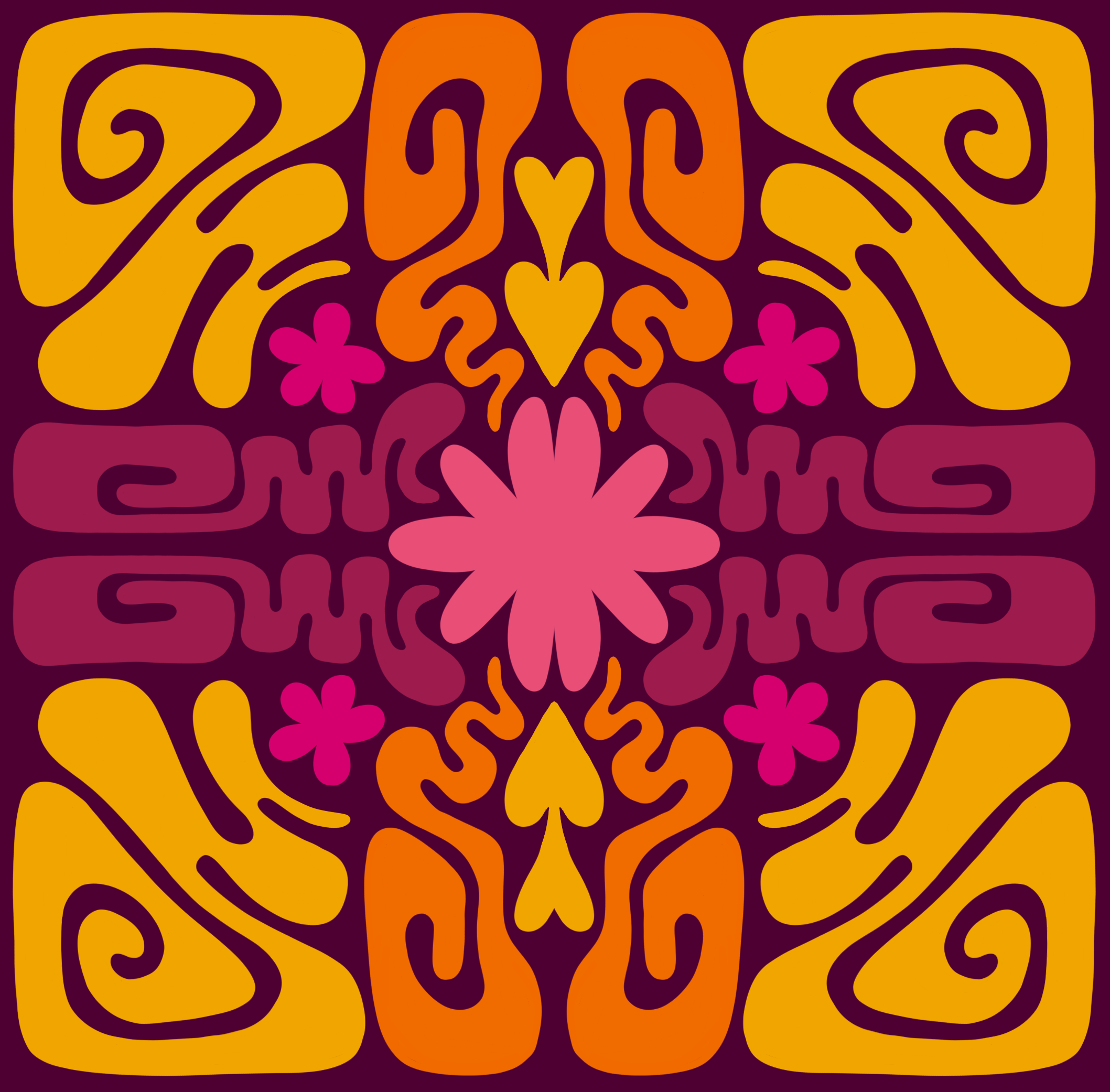 A colorful, symmetrical, 1960s-inspired psychedelic floral pattern with pink, purple, orange, yellow, and maroon colors.