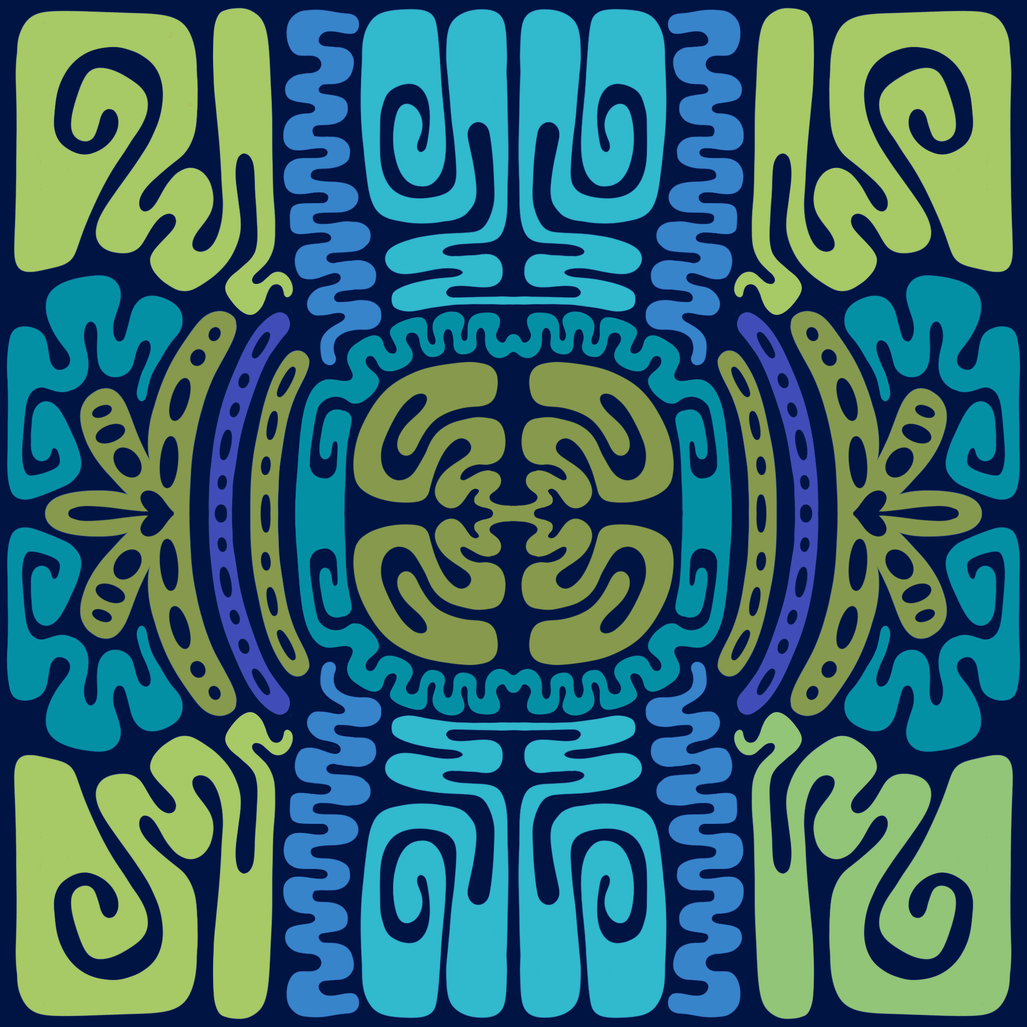 Colorful abstract symmetrical pattern with intricate interconnected shapes in blue, green, purple, and teal resembling a stylized tribal or indigenous art design.