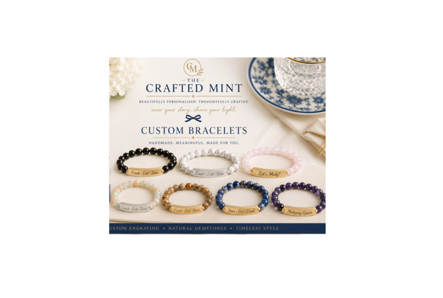 Engraved Natural Stone Bar Bracelet — Personalized Stretch Beaded Bracelet (‘Coach Dad Mom’ Design)