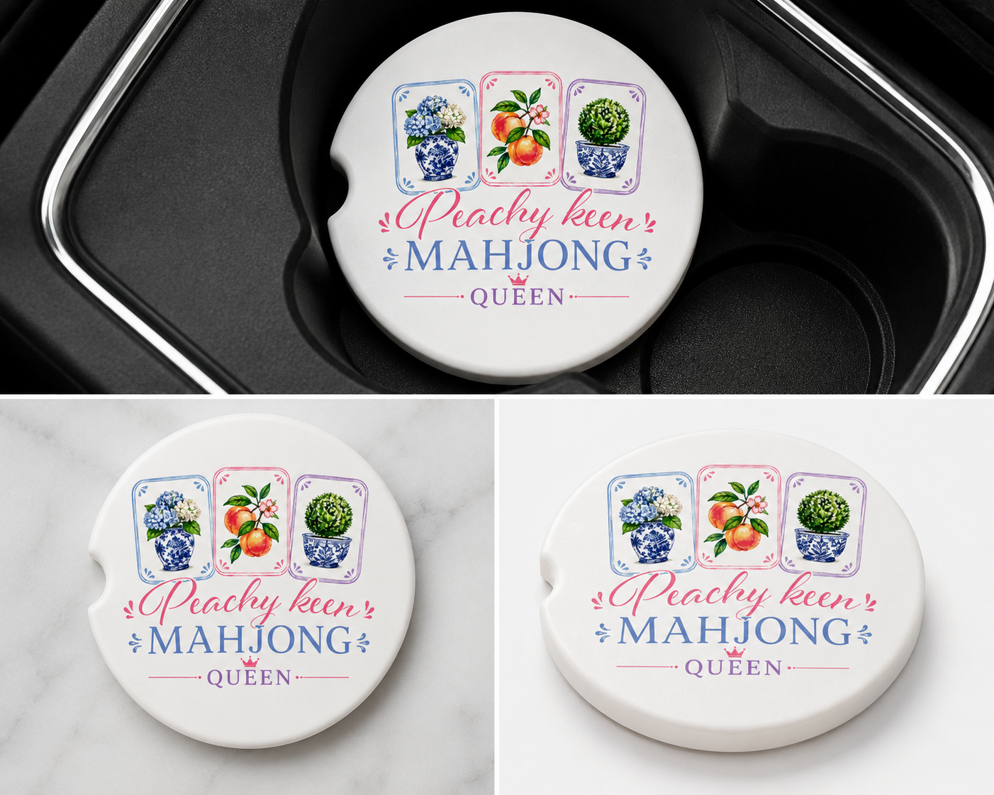 Peachy Keen Mahjong Queen Car Coaster