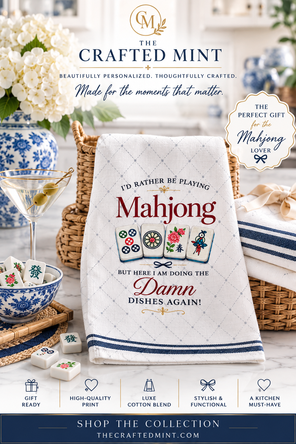 Mahjong Microfiber Tea Towel — "I'd Rather Be Playing Mahjong But Here I Am Doing The Damn Dishes Again" Kitchen Towel