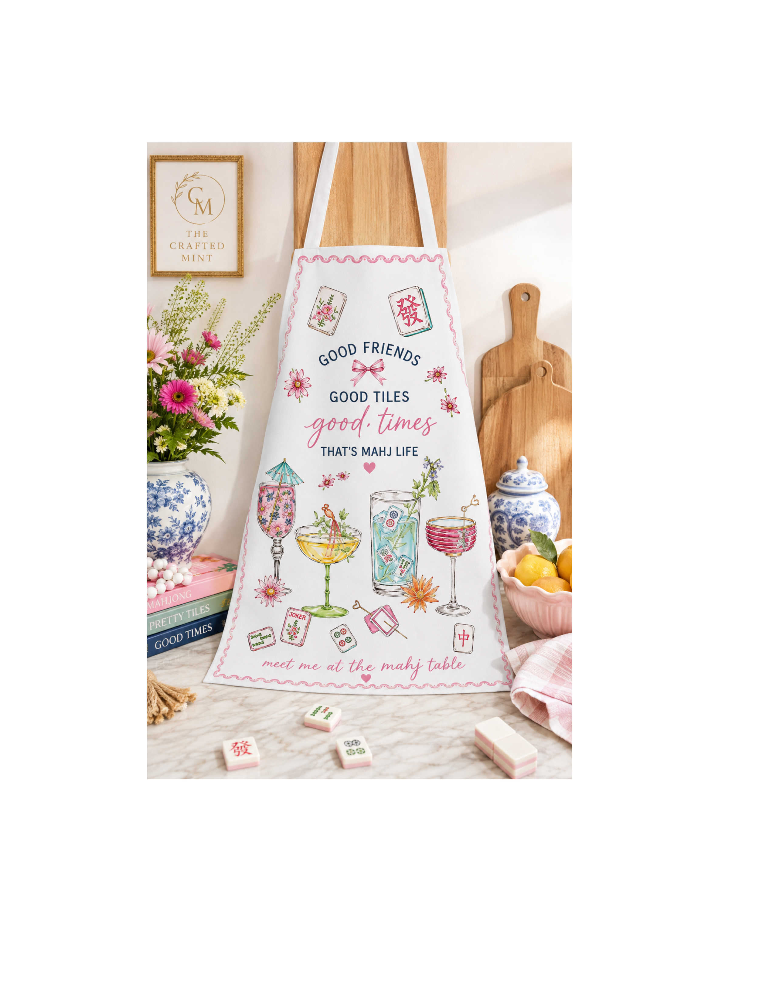 Mahjong & Cocktails Apron – "Good Friends, Good Tiles, Good Times"