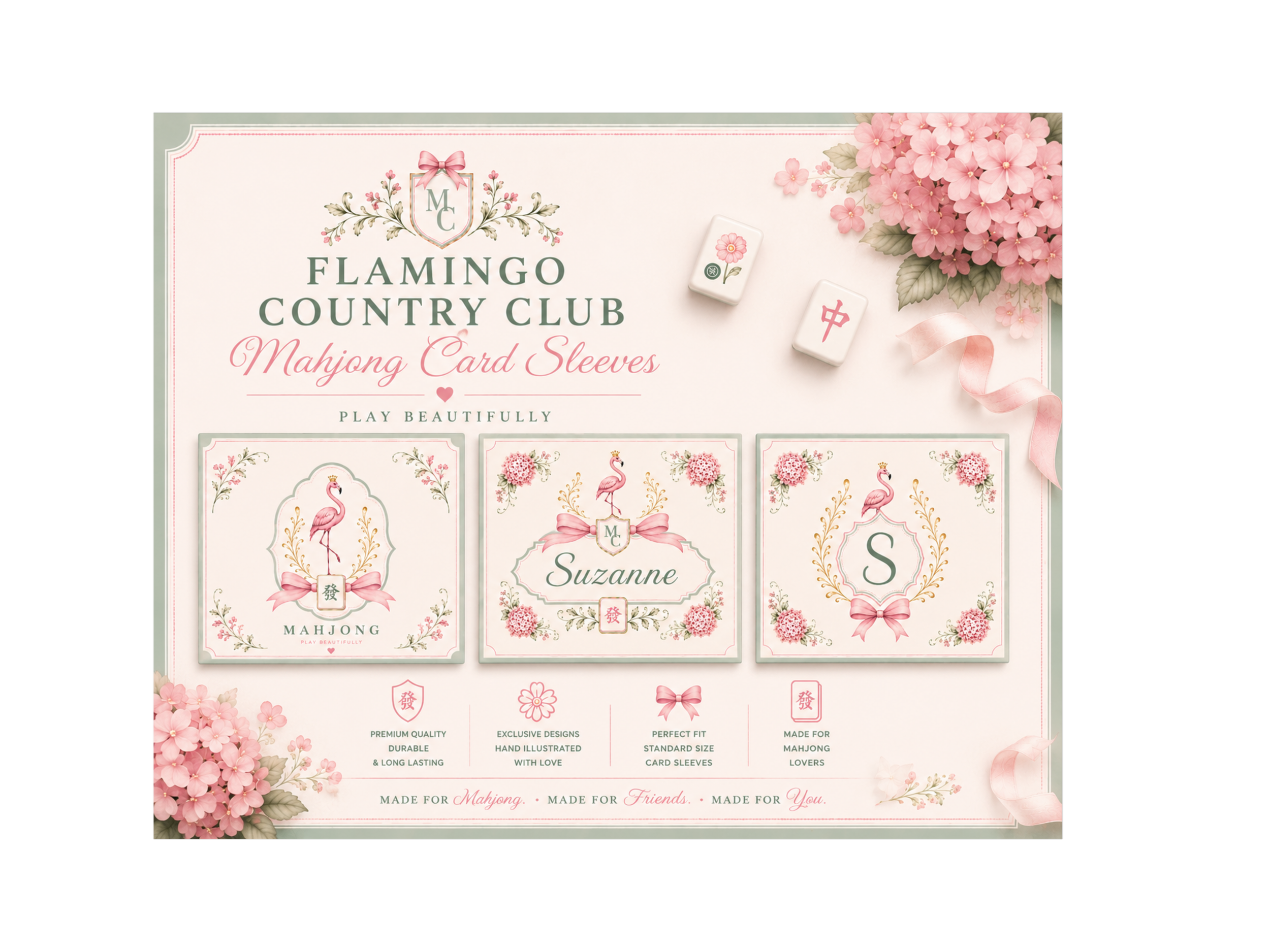 Personalized Pink Flamingo Mahjong Card Sleeve with 3 Custom Inserts