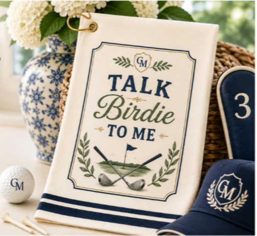 Talk Birdie To Me Golf Towel — Funny Golfing Accessory with Flag & Clubs Design