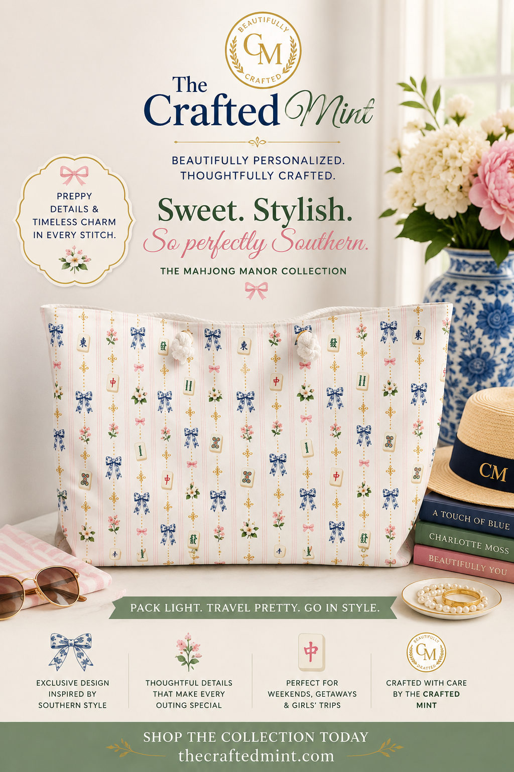 Mahjong Manor Vintage Floral Ribbon Pattern Weekender Bag | Cottagecore Striped Botanical Tote