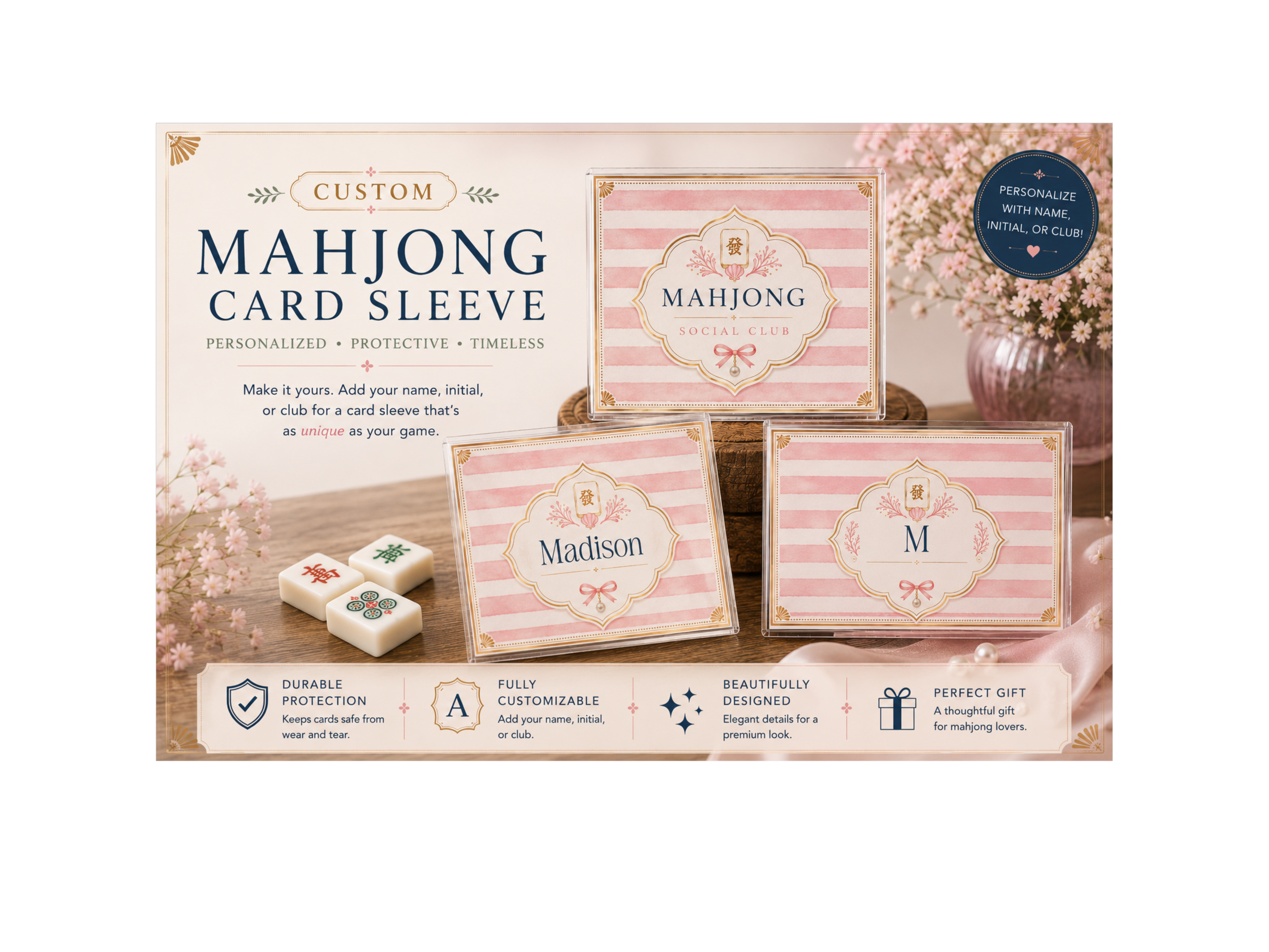 Personalized Pink Coastal Mahjong Card Sleeve with 3 Custom Inserts