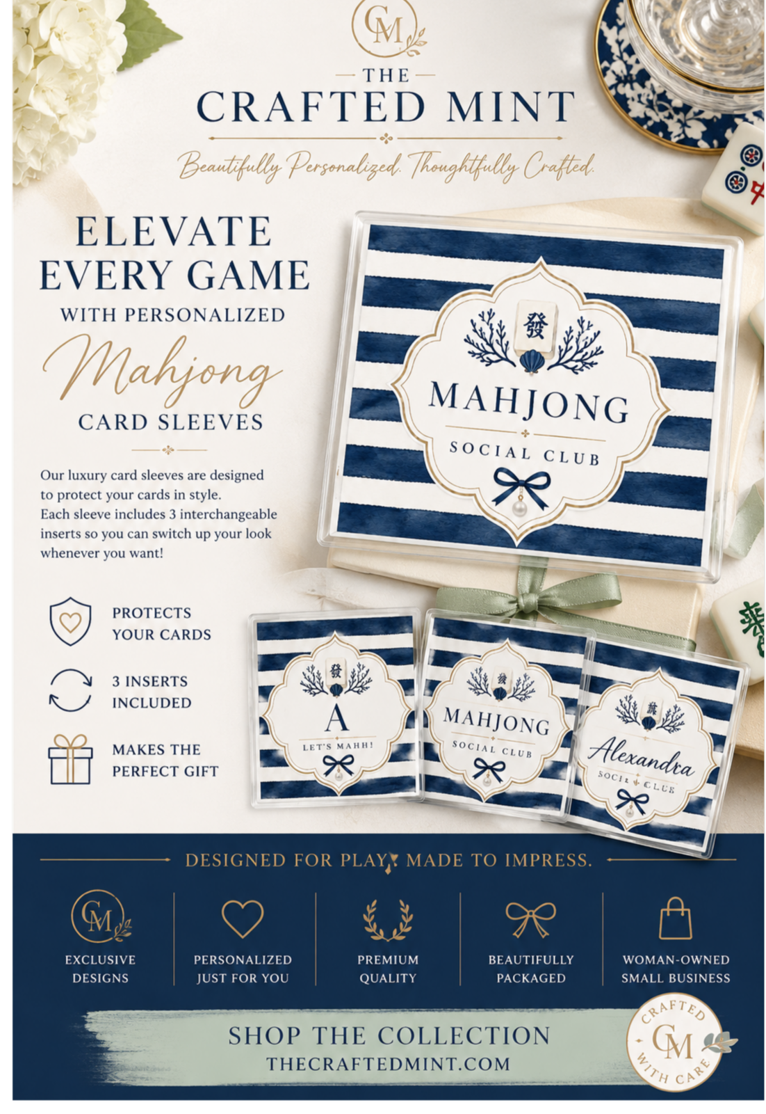 Navy Mahjong Social Club Card Sleeve Insert