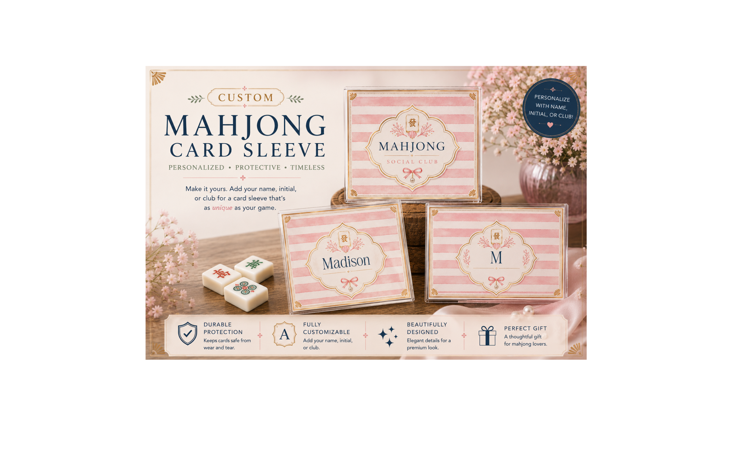 Personalized Pink Coastal Mahjong Card Sleeve with 3 Custom Inserts