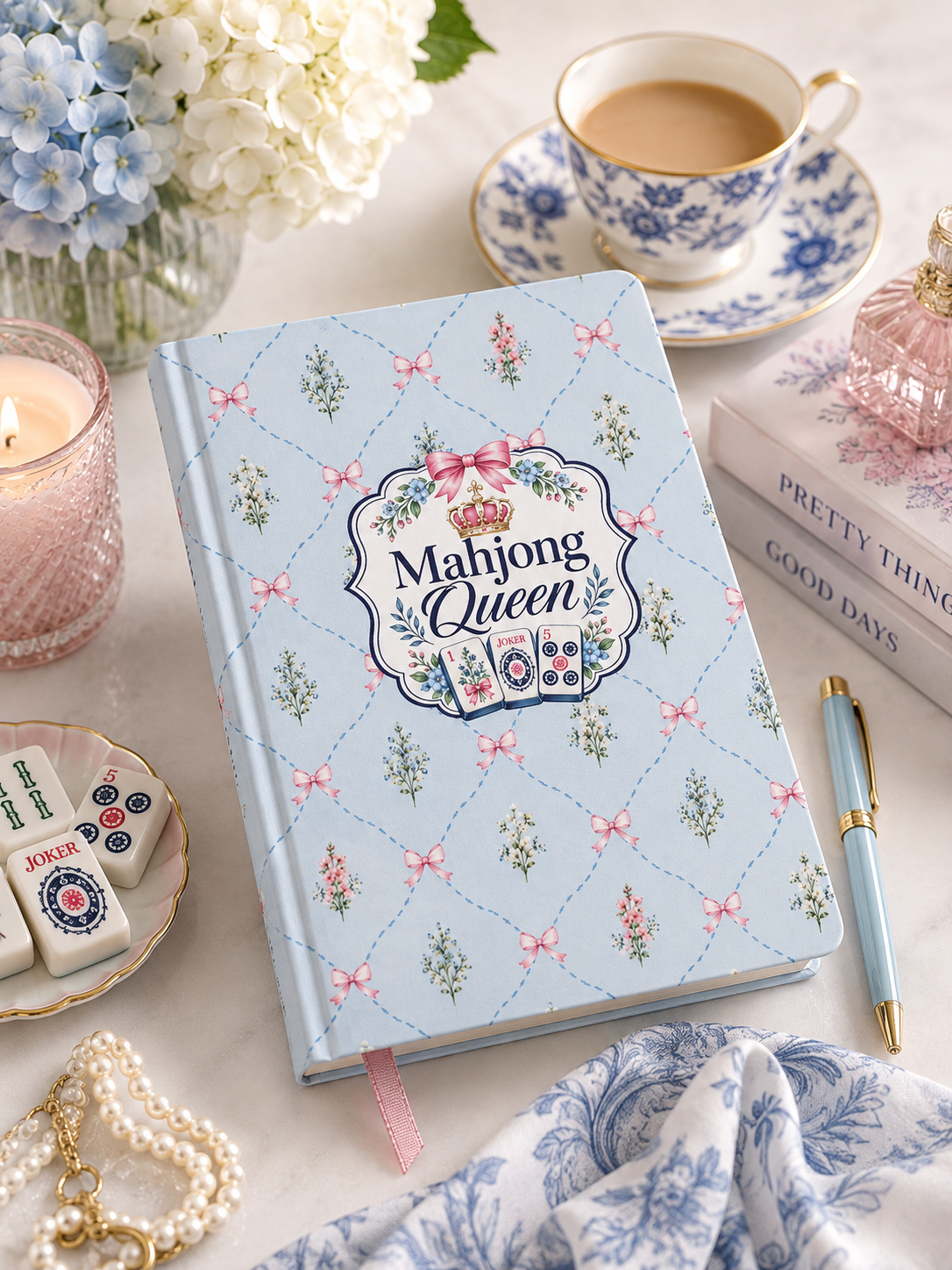 Mahjong Queen Hardcover Journal — Floral Blue Matte Notebook for Mahjong Players & Gift