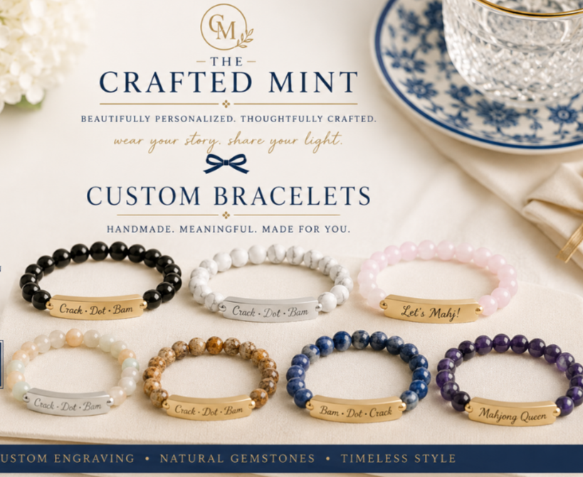 Engraved Natural Stone Bar Bracelet — Personalized Stretch Beaded Bracelet (‘Coach Dad Mom’ Design)