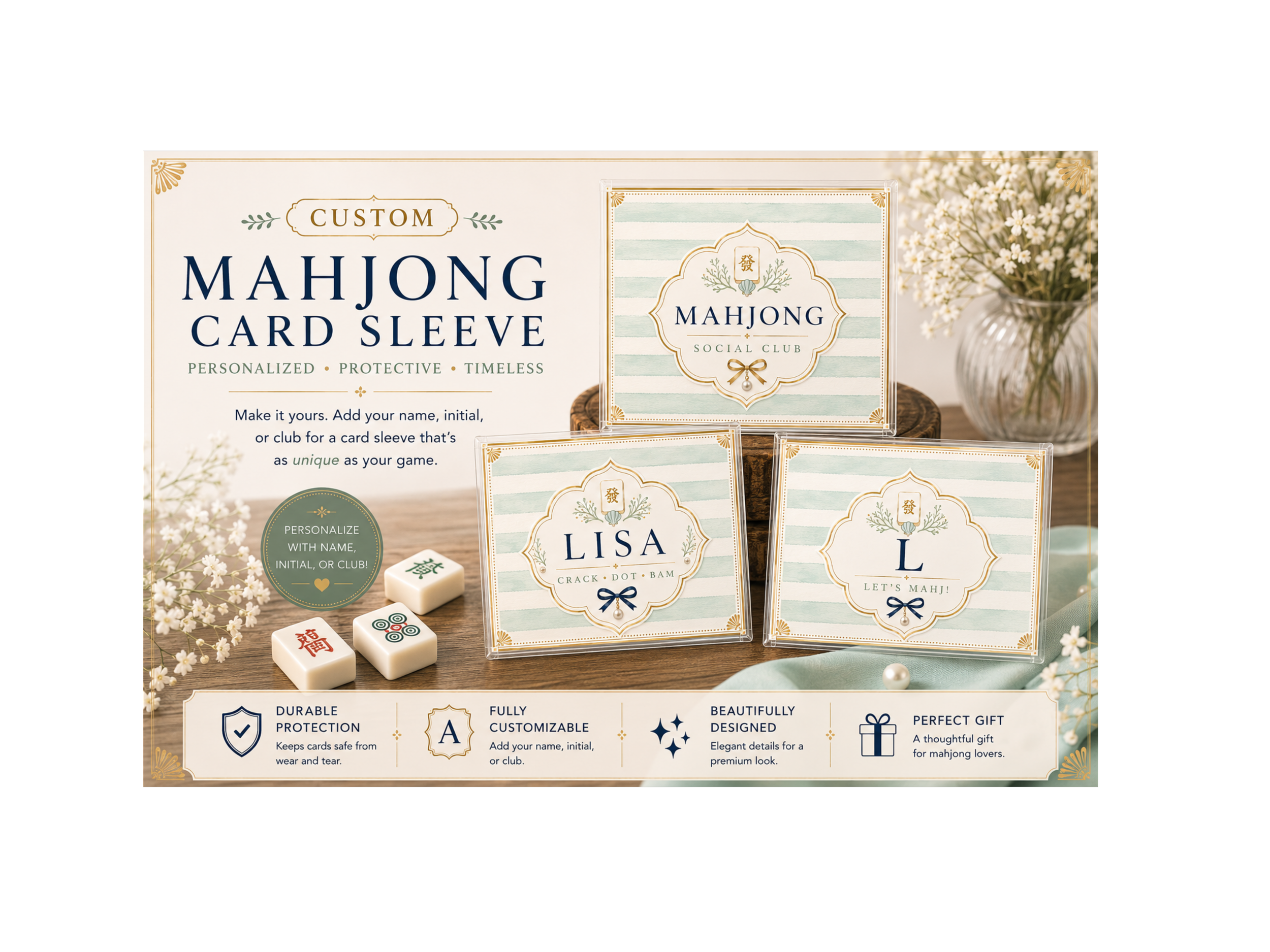 Personalized Coastal Sea Foam Green Mahjong Card Sleeve with 3 Custom Inserts