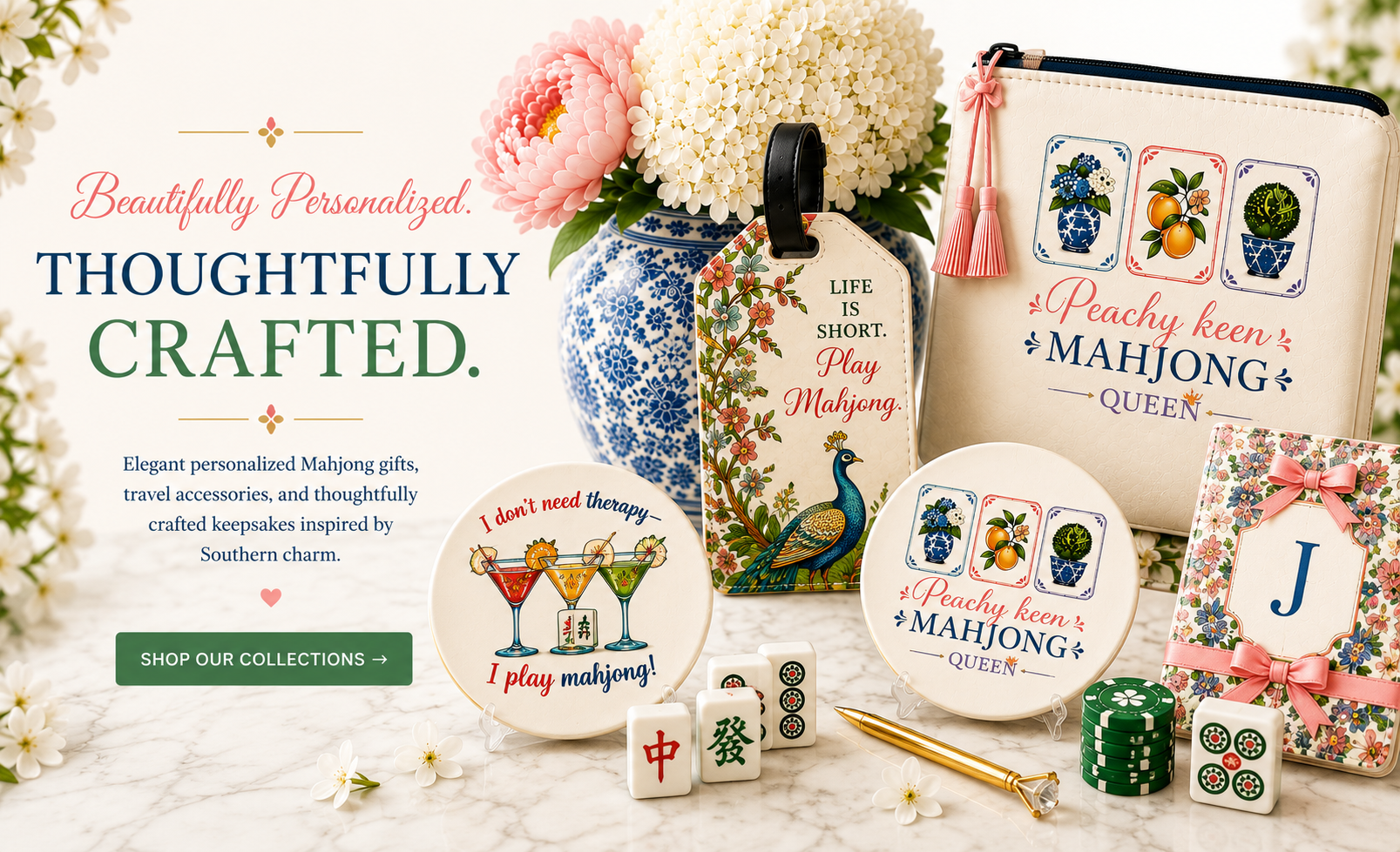 Personalized Mahjong gifts, travel accessories, and custom keepsakes from The Crafted Mint displayed on a marble surface.