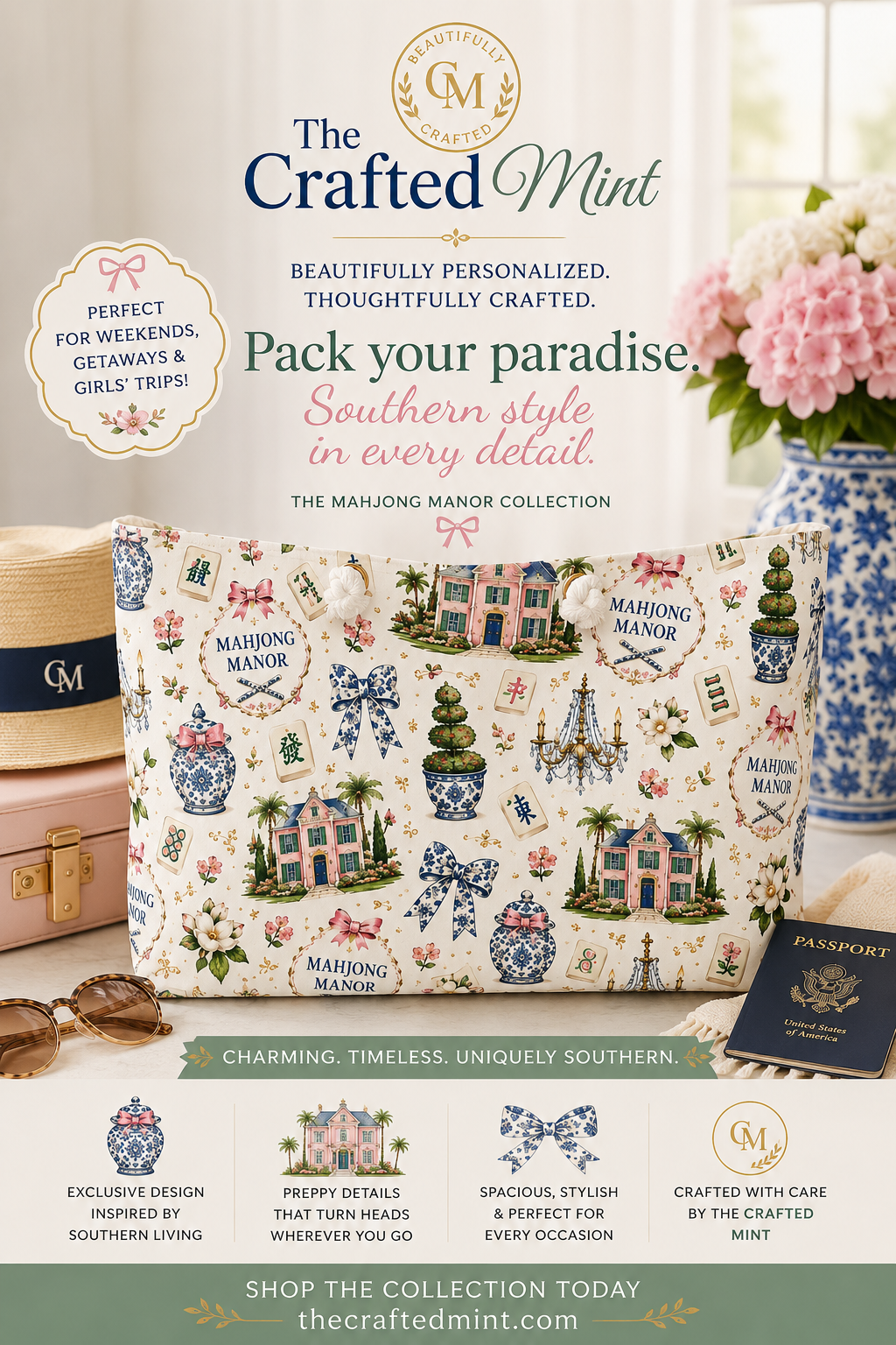 Mahjong Manor Pattern Weekender Bag | Chinoiserie Cottage Toile Tote