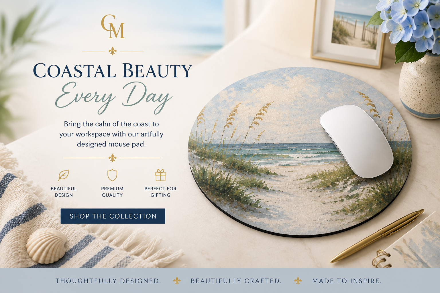 Coastal Dunes Mouse Pad — Beach Sunset Seascape with Monogram