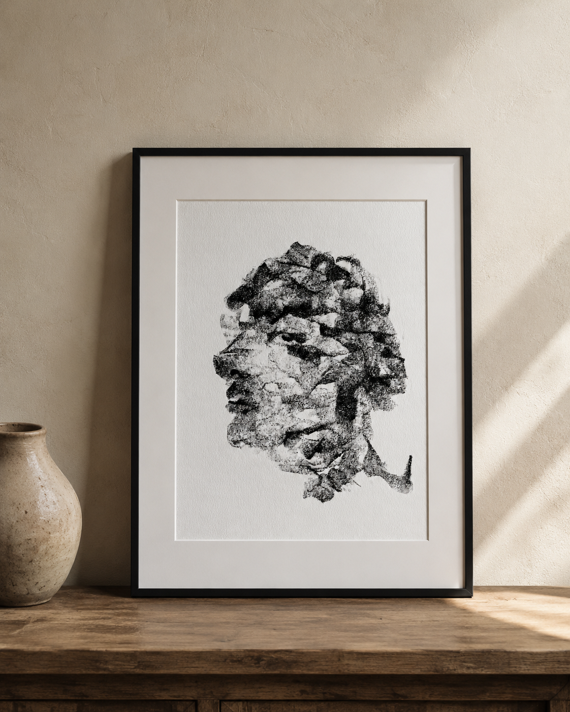 Charcoal drawing depicting an expressive face displayed as a framed artwork.