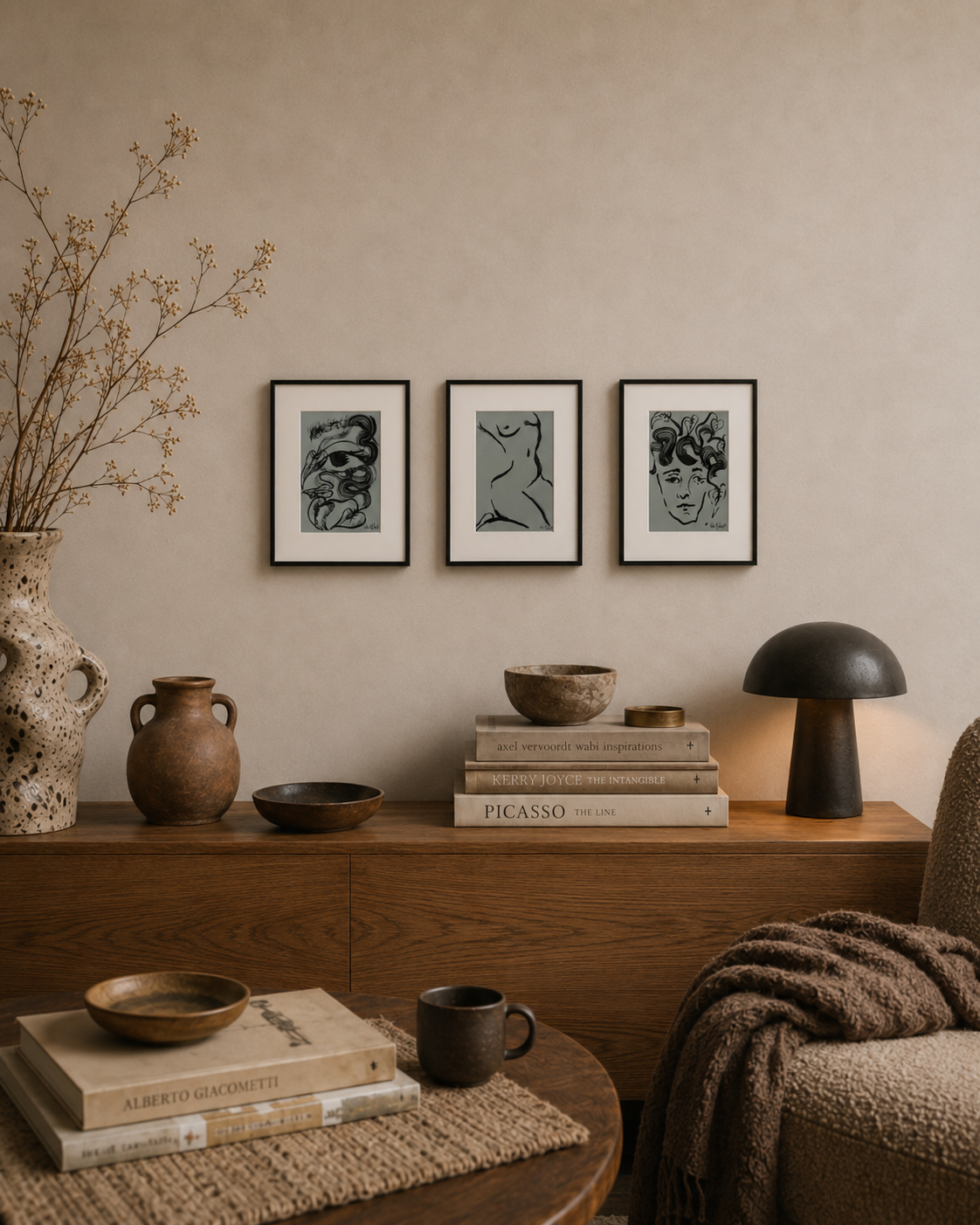 Framed linework drawing of a female figure by Valeria R.O. displayed in an interior setting, featuring expressive black brushstrokes on white paper.