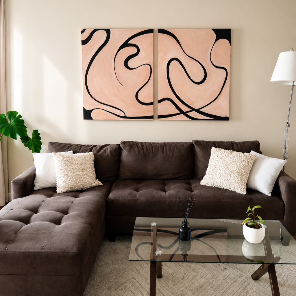 Commissioned diptych painting featuring continuous linework and a restrained colour palette, displayed in the living space of a private collector.