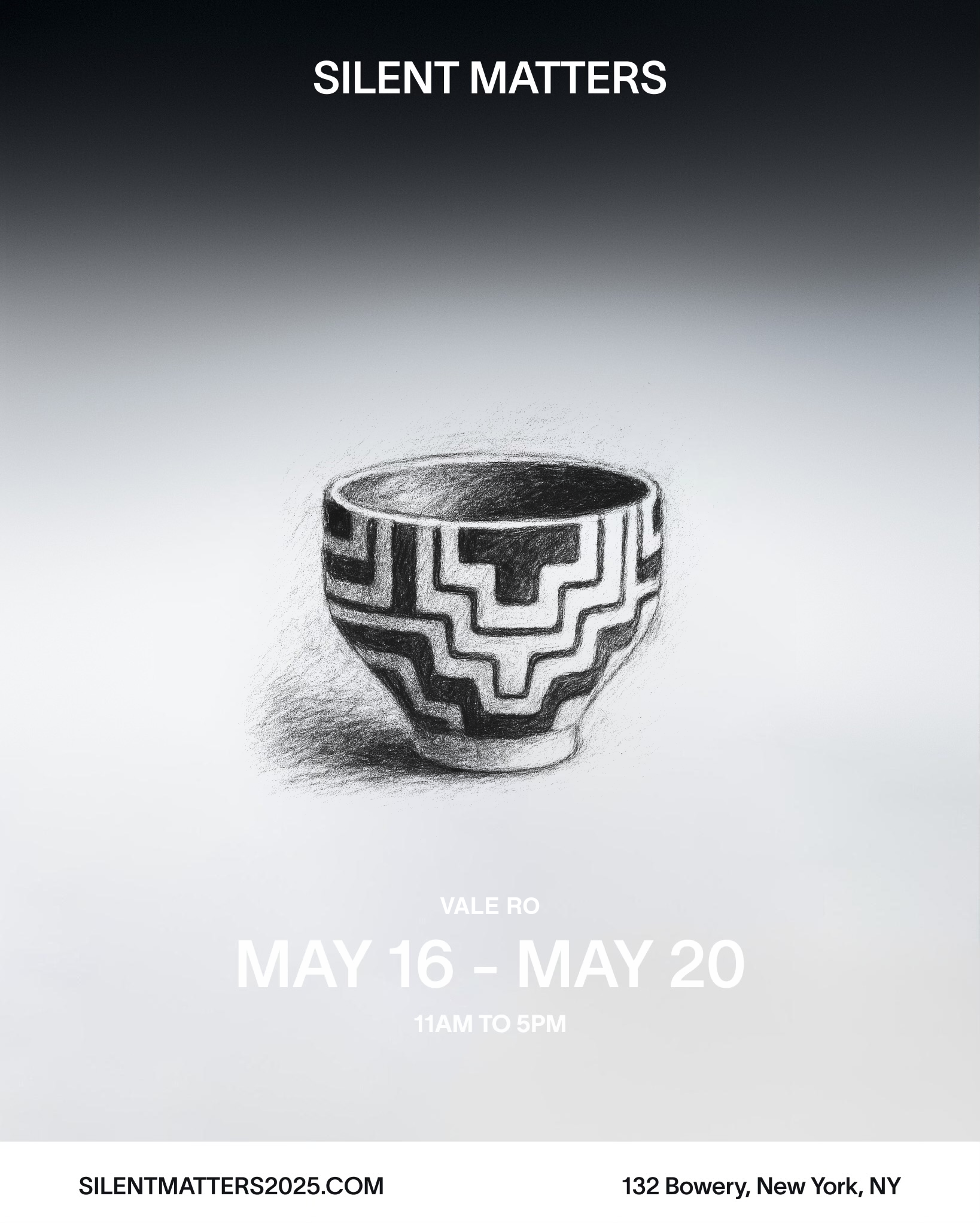 Exhibition poster for Silent Matters, with a drawing of Samira, featuring Valeria R.O.'s ceremonial ceramic cup, presented during NYCxDESIGN.