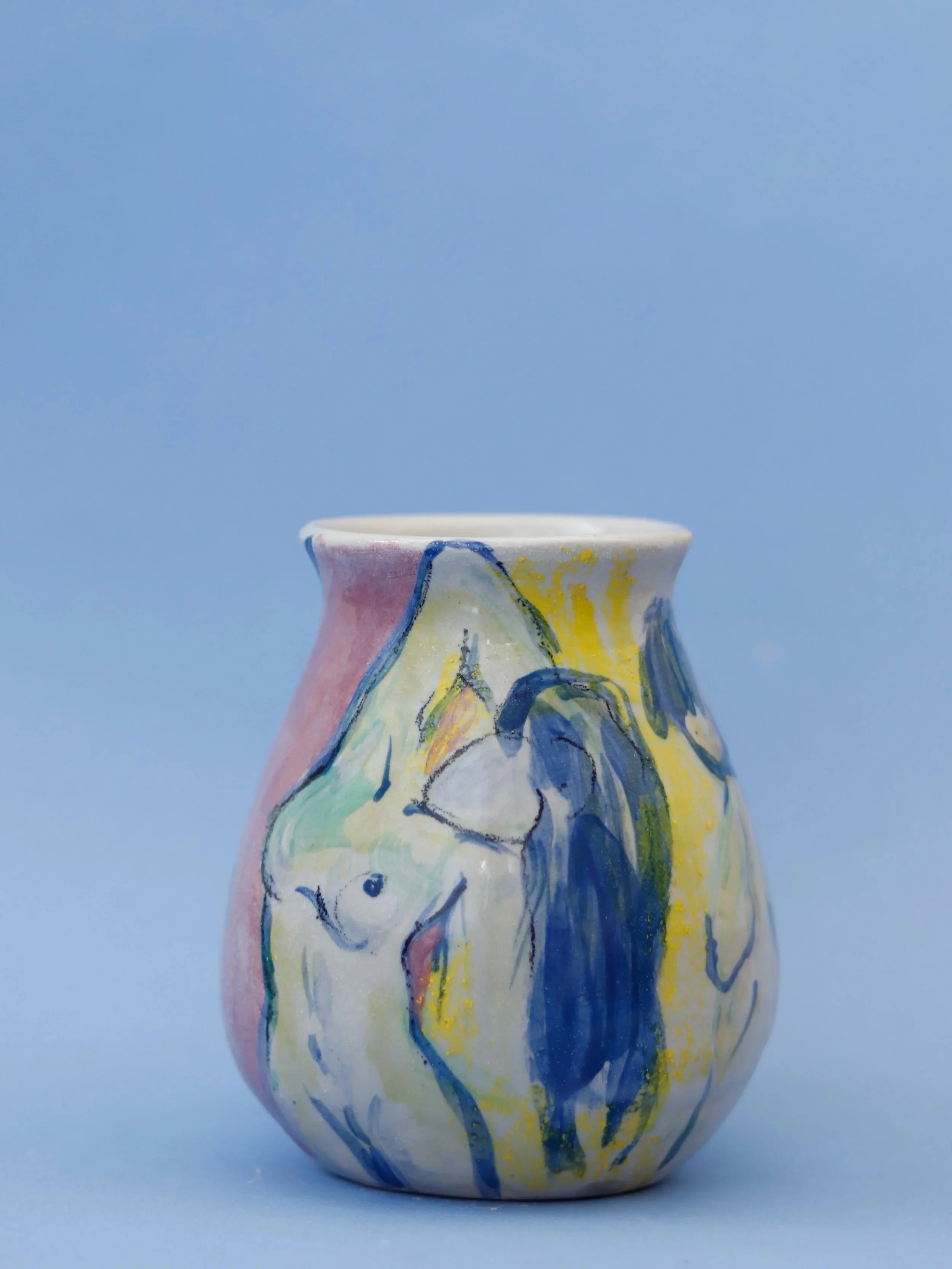 Hand-built ceramic vessel featuring an original hand-drawn composition of women, illustrated with custom ceramic glazes and created as a one-of-a-kind functional artwork.