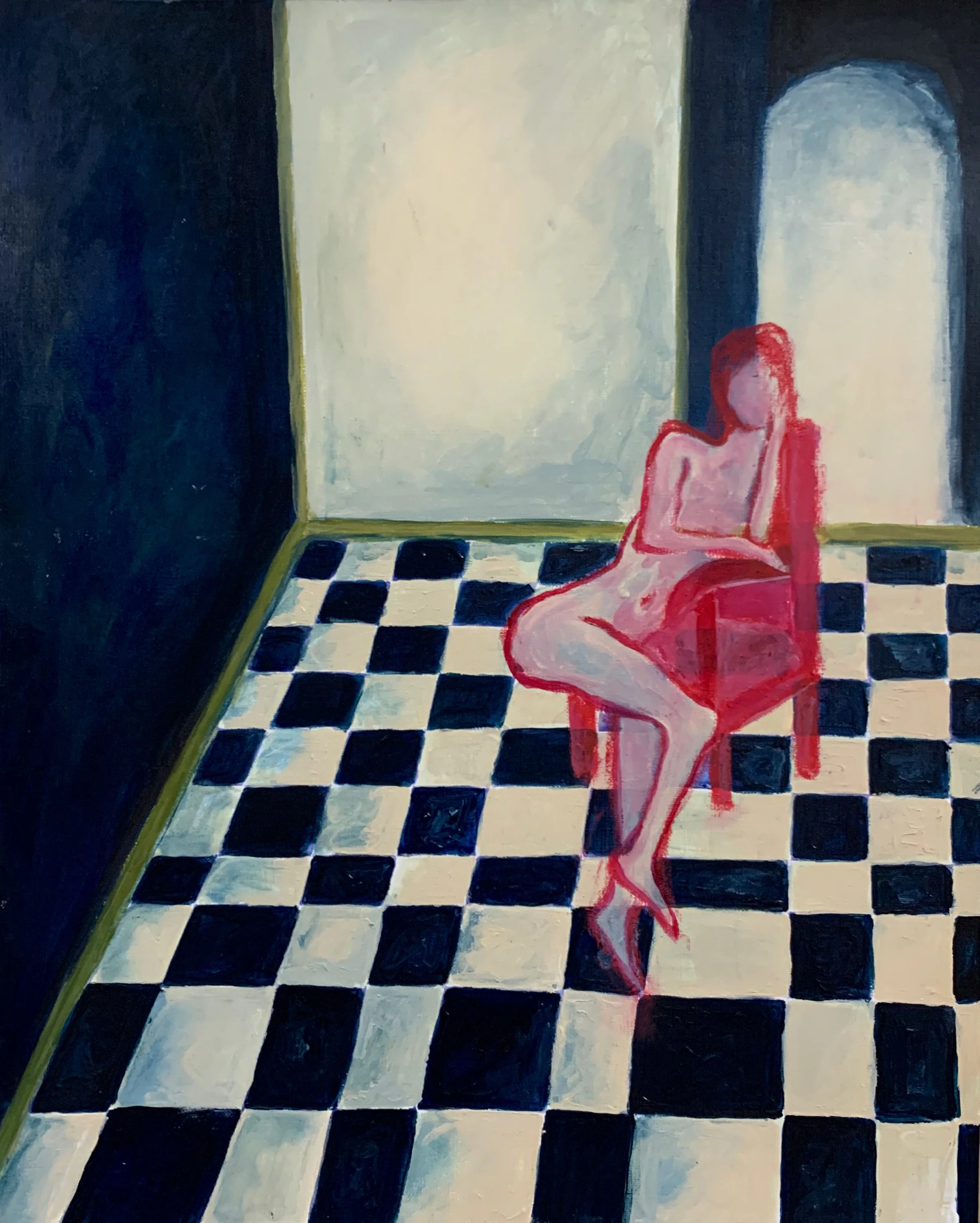 Oil painting depicting an abstract female form sitting on a chair in a black and white floor, created with expressive brushwork and soft neutral tones.