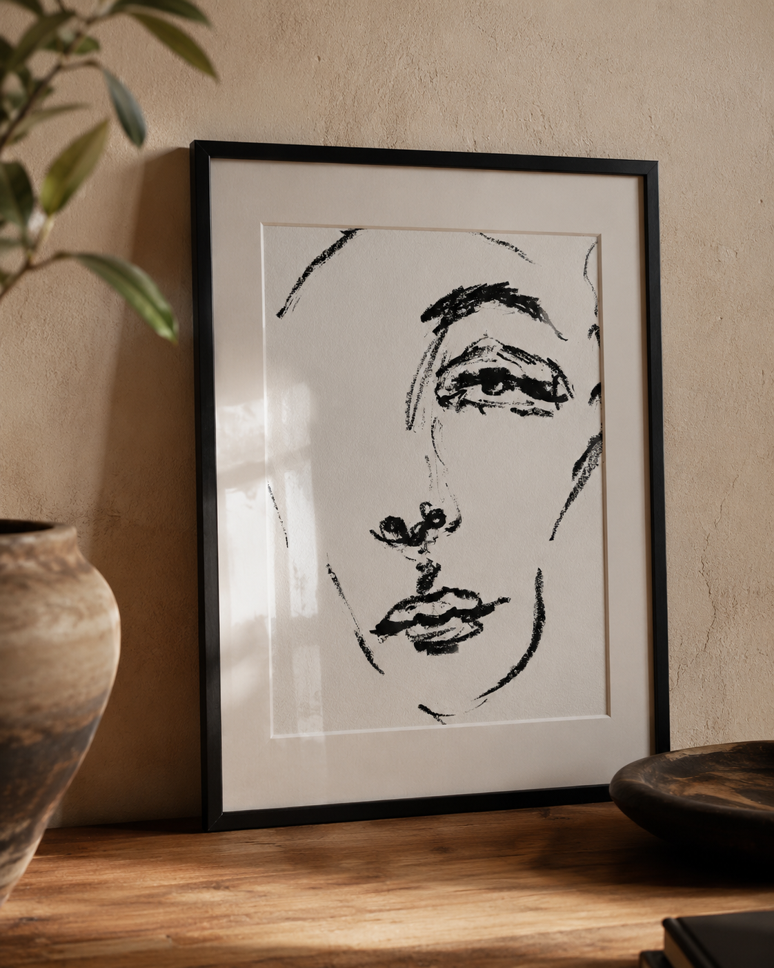 Framed linework portrait by Valeria R.O. displayed in an interior setting, depicting a human face through expressive black brushstrokes.