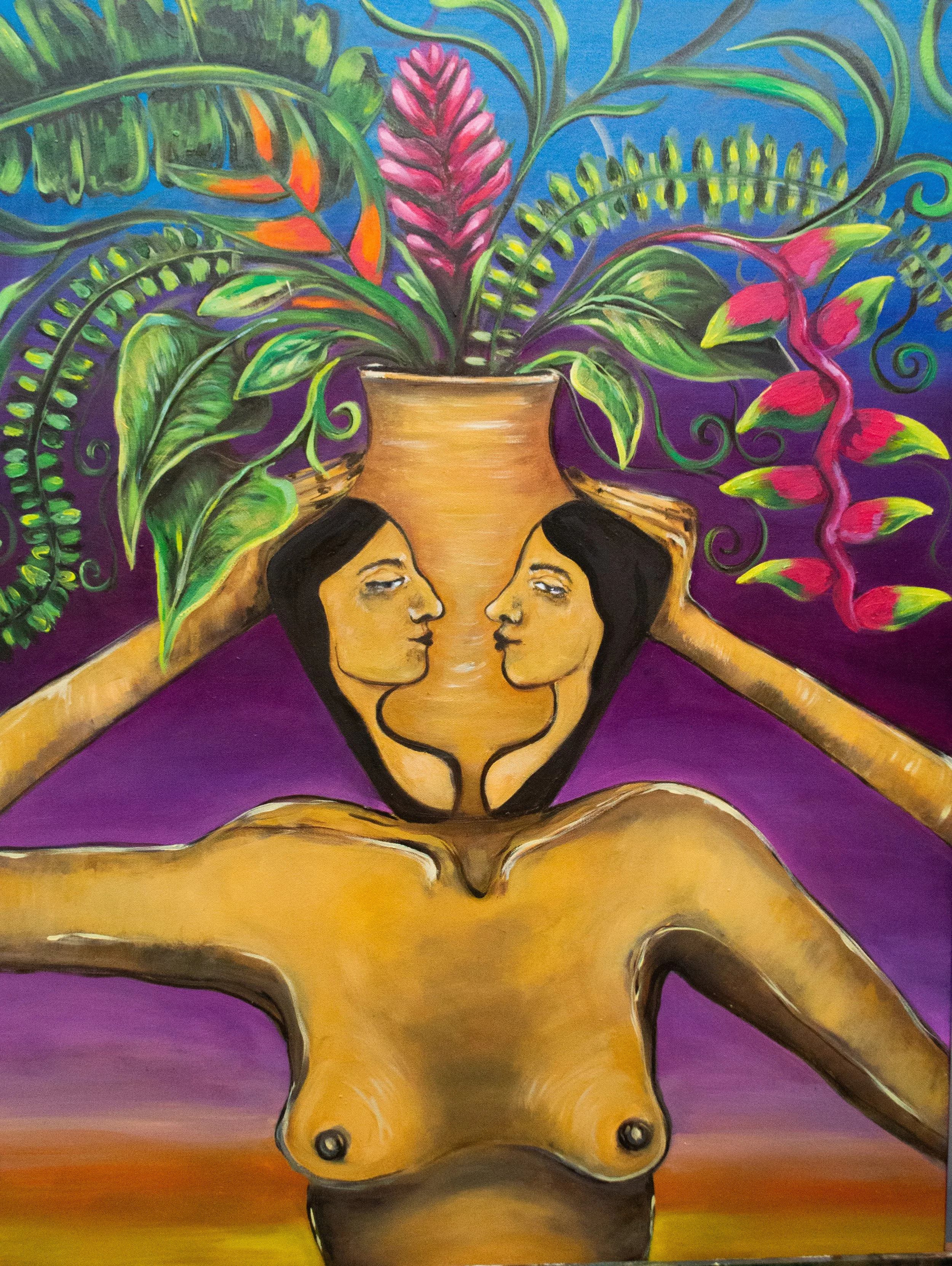 Oil painting depicting a female figure reflected in a ceramic vessel filled with flowing organic forms, plants and flowers.