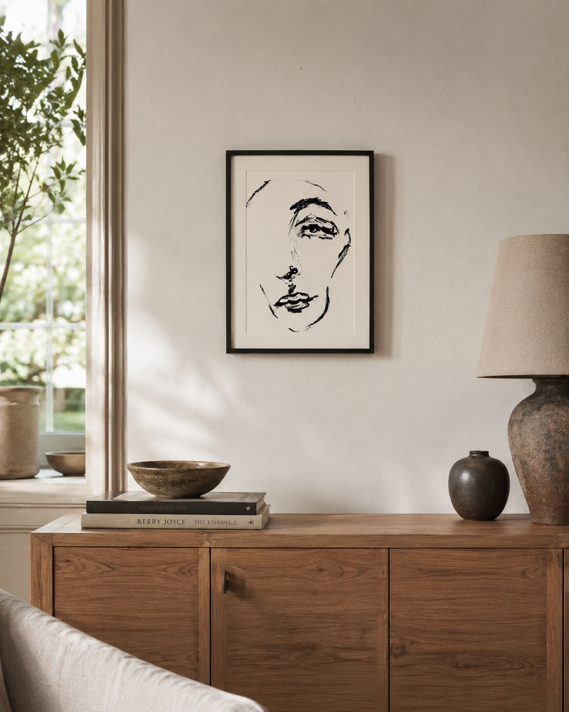 Framed linework portrait displayed in an interior setting, depicting a human face through expressive black brushstrokes.
