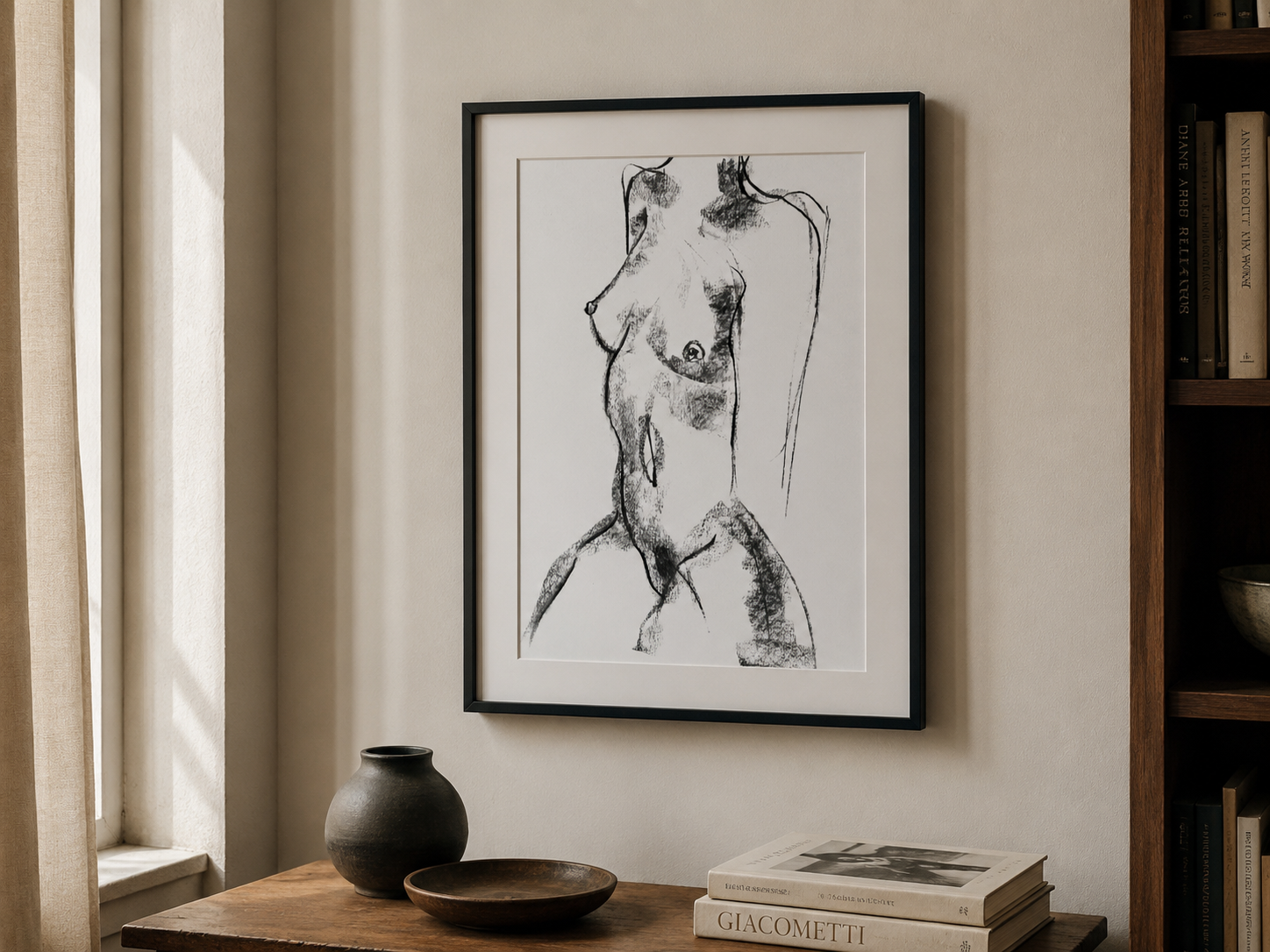 Framed linework drawing of a female figure by Valeria R.O. displayed in an interior setting, featuring expressive black brushstrokes and layered tonal shading.
