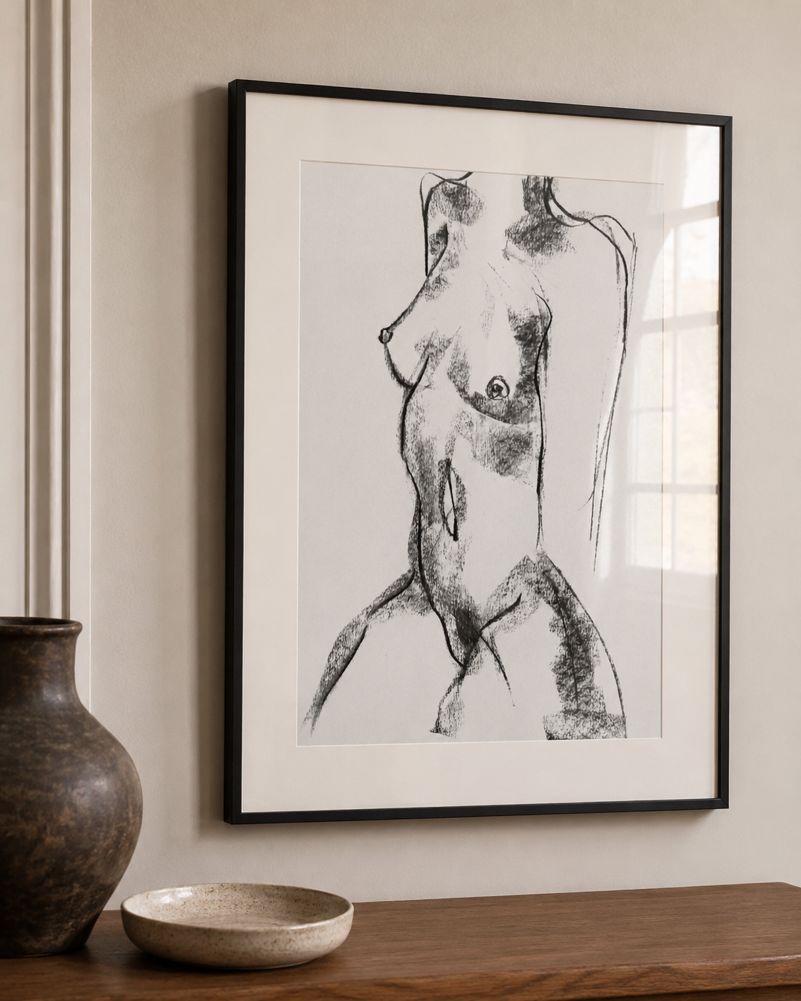 Brushwork drawing depicting a female figure through gestural black lines, expressive shadows and tonal movement framed in an interior setting
