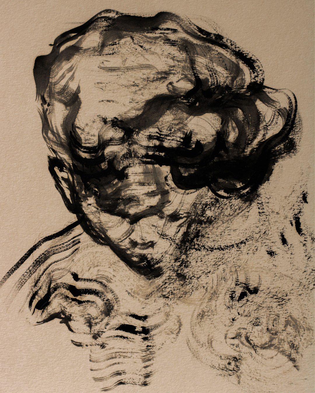 Oil painting on paper depicting an abstract portrait created with layered black gestural brushstrokes and expressive textures.