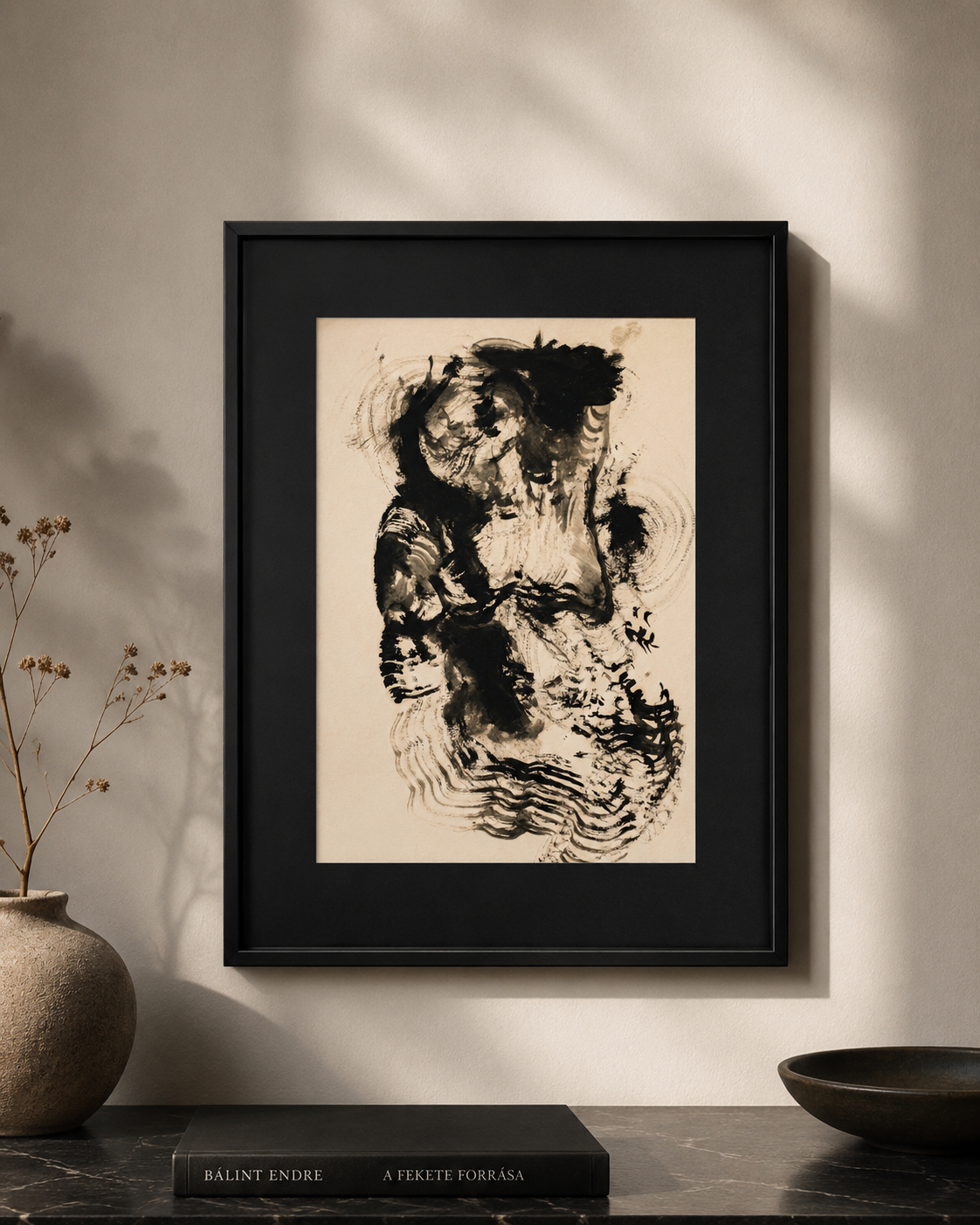 Abstract brushwork drawing exploring the human figure through loose black gestural marks and expressive movement displayed in a black frame in room