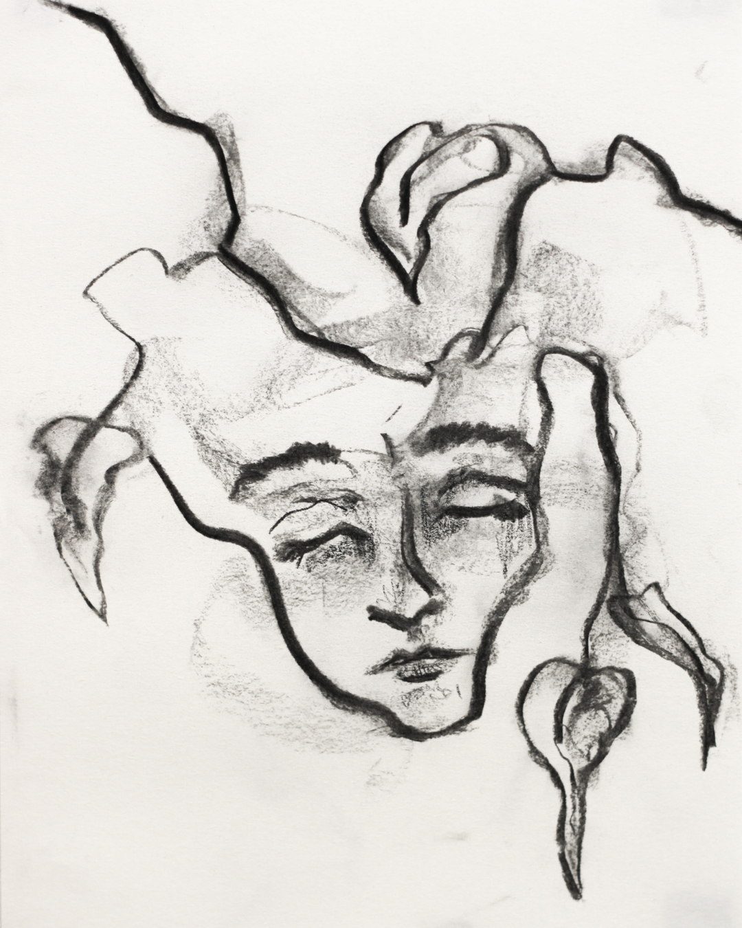 Leaf Me Charcoal drawing depicting an expressive human face created with loose gestural lines and flowing organic forms.