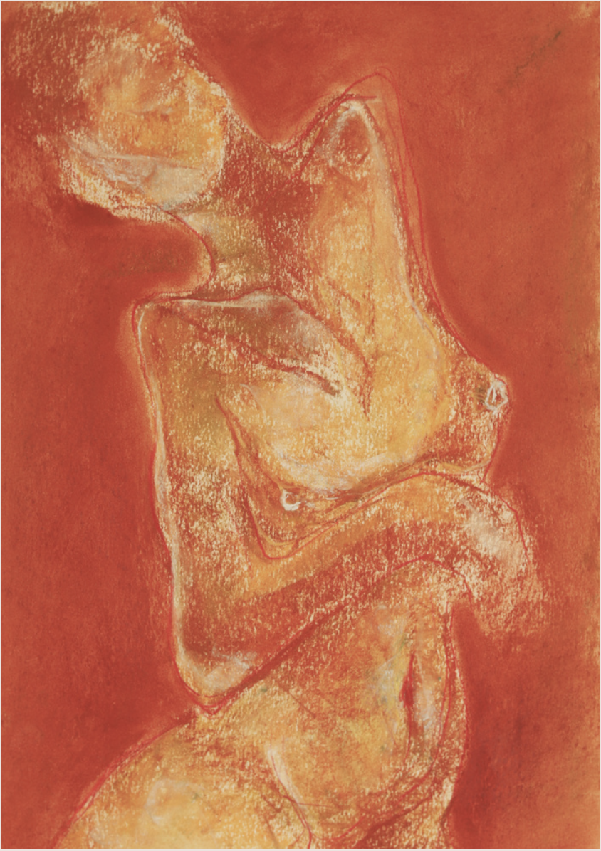 Oil painting depicting a reclining female figure created with expressive brushstrokes and warm golden tones.