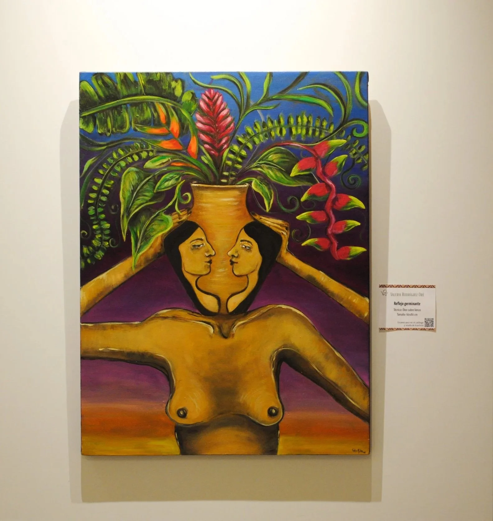 Oil painting Reflejo Germinante exhibited at La memoria del barro: Visiones de la Amazonía peruana at Museo del Palacio de Gobierno, Panama City.