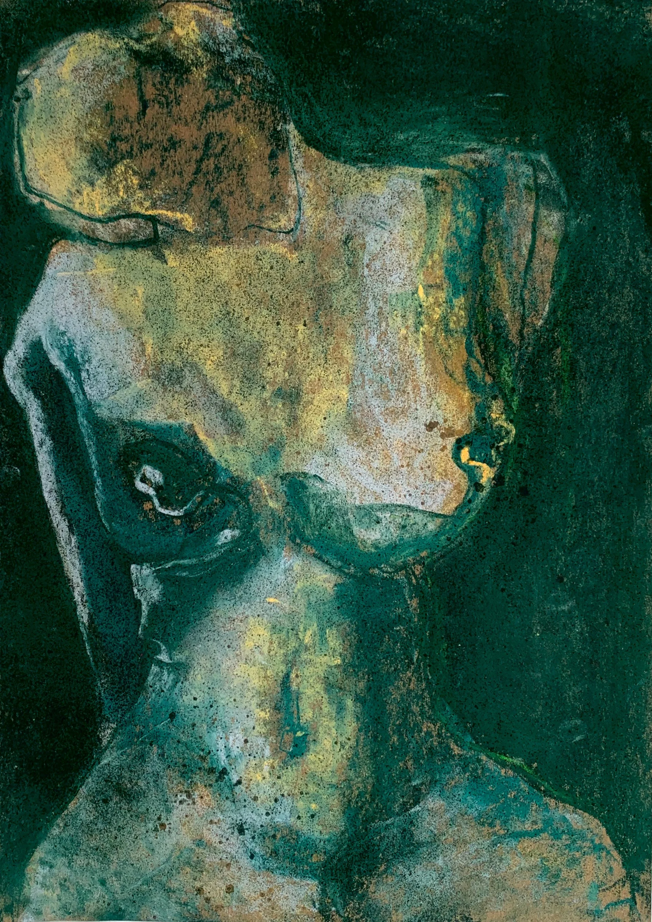 Oil painting depicting a contemplative seated female figure created with expressive brushstrokes and earthy tones.