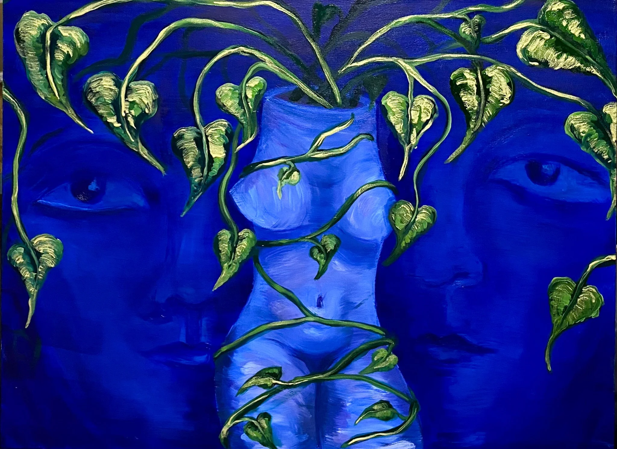 Oil painting featuring two blue faces surrounding a softly emerging central figure, with winding green vines forming a layered organic composition.