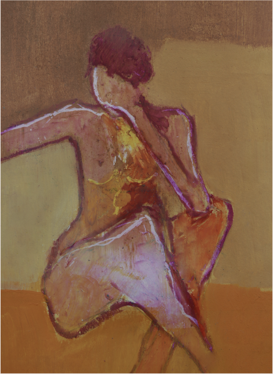 Oil painting depicting an expressive female portrait created with layered brushstrokes and warm caramel tones.