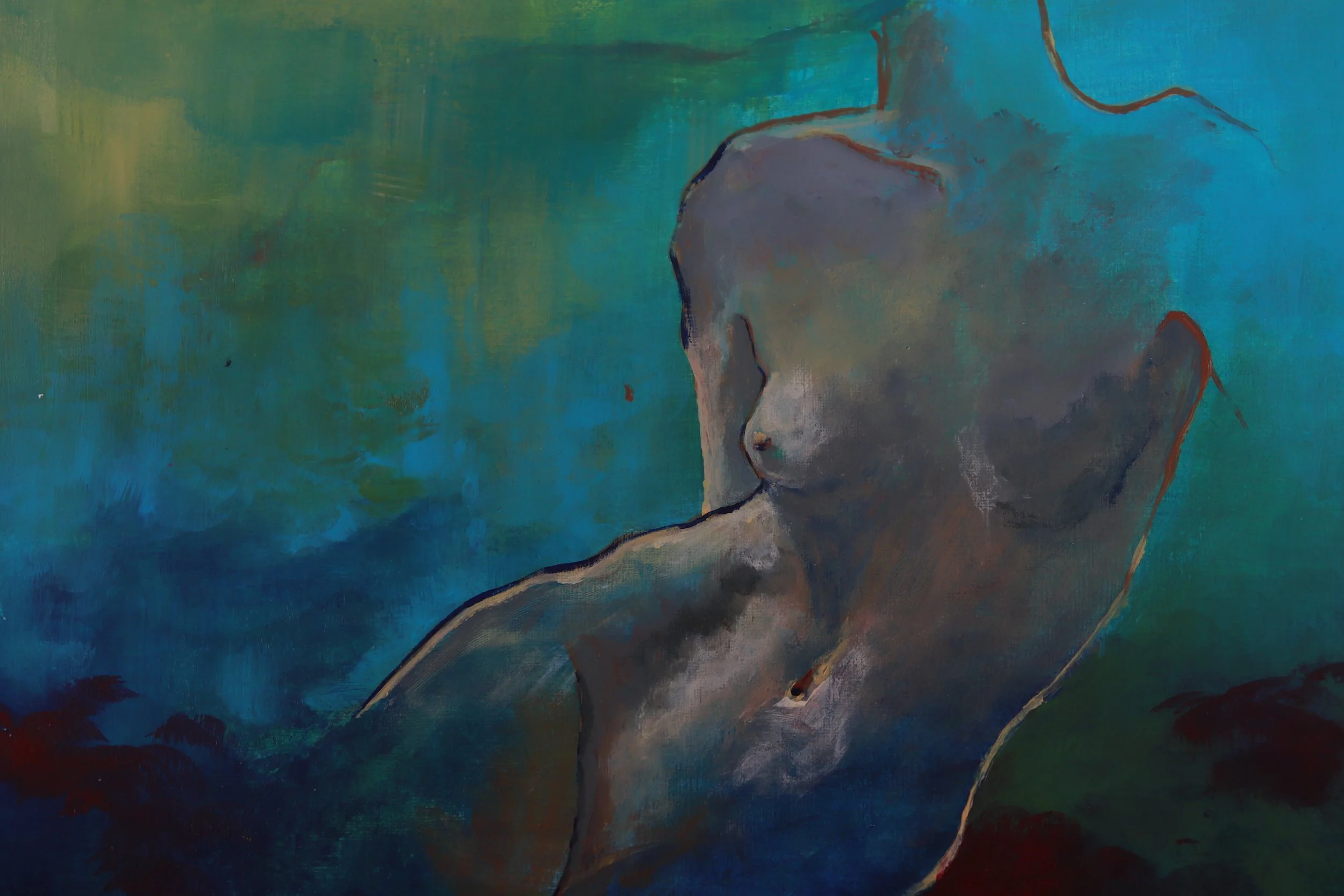 Oil painting depicting a female figure, exploring movement, identity and expressive forms through layered brushwork.
