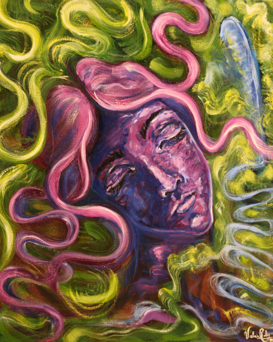 Oil painting depicting intertwined organic forms in shades of purple, green and pink, surrounded by flowing botanical shapes and a female face.