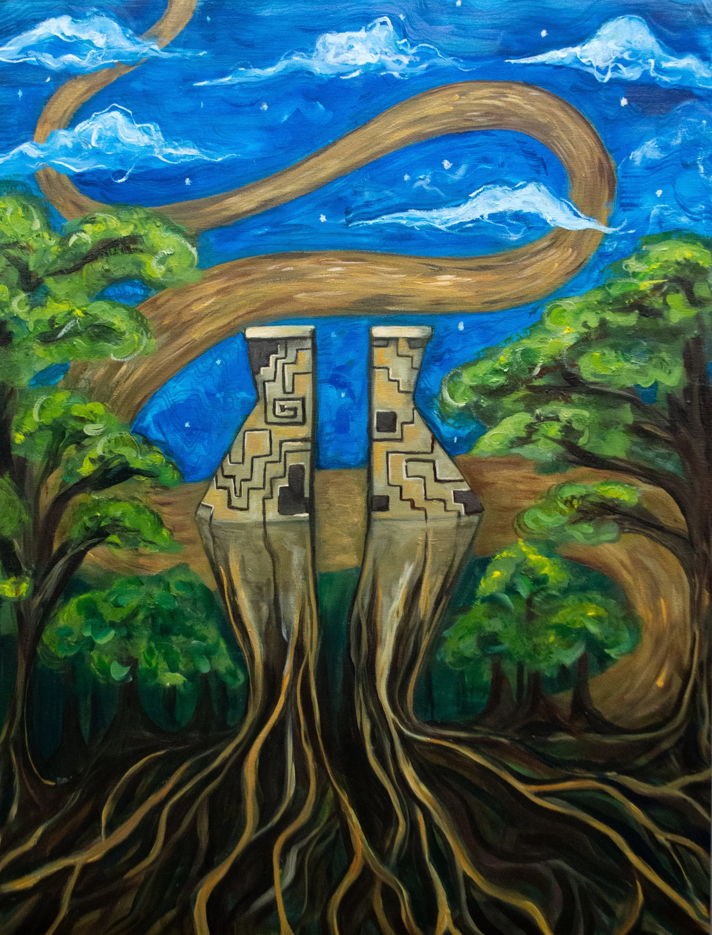 Oil painting depicting a split ceramic vessel inspired by the artist's Bowls sculpture, transforming into tree roots and a winding river surrounded by lush Amazonian vegetation.
