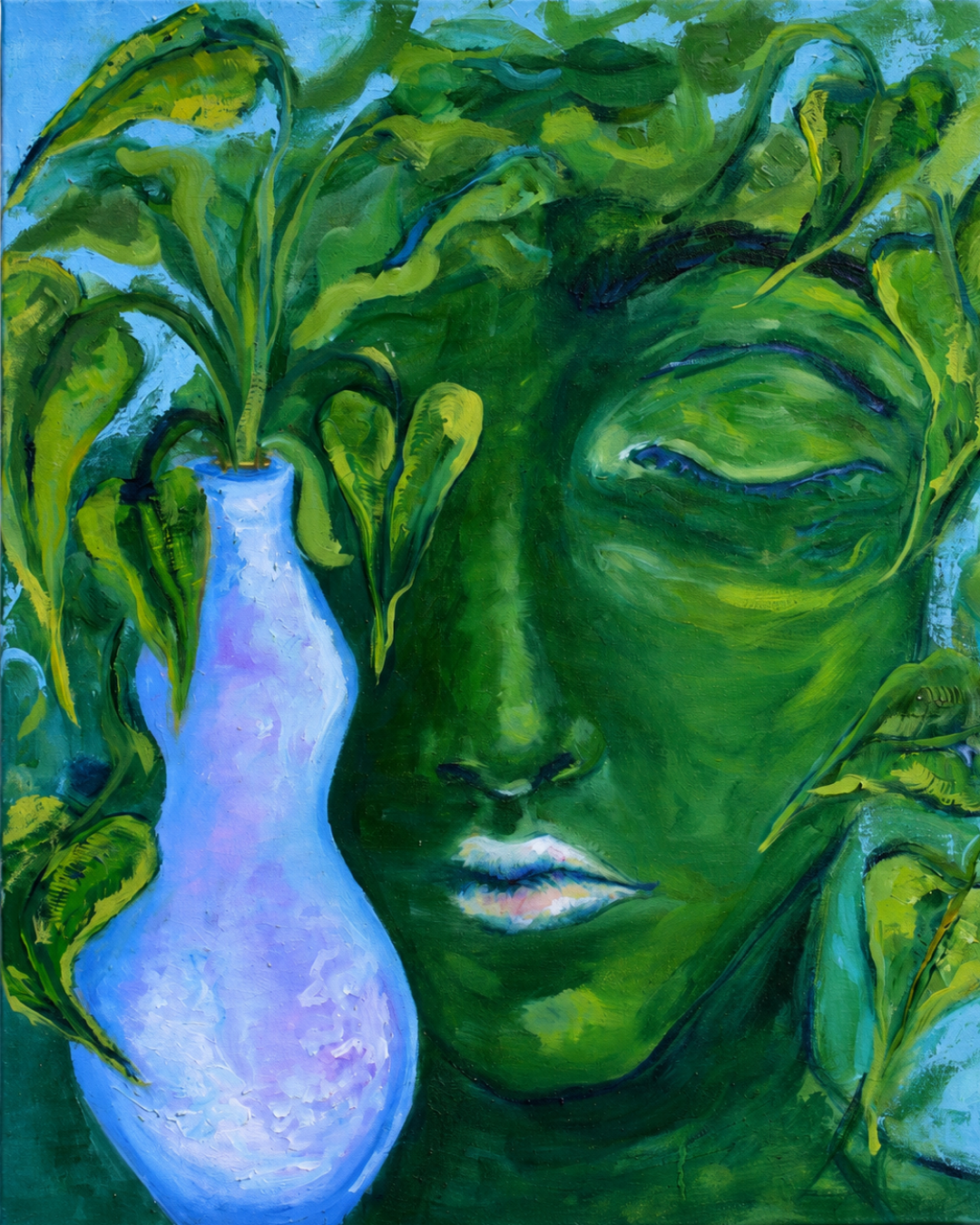 Oil painting depicting a contemplative green face emerging through layered foliage beside a luminous blue ceramic vessel.
