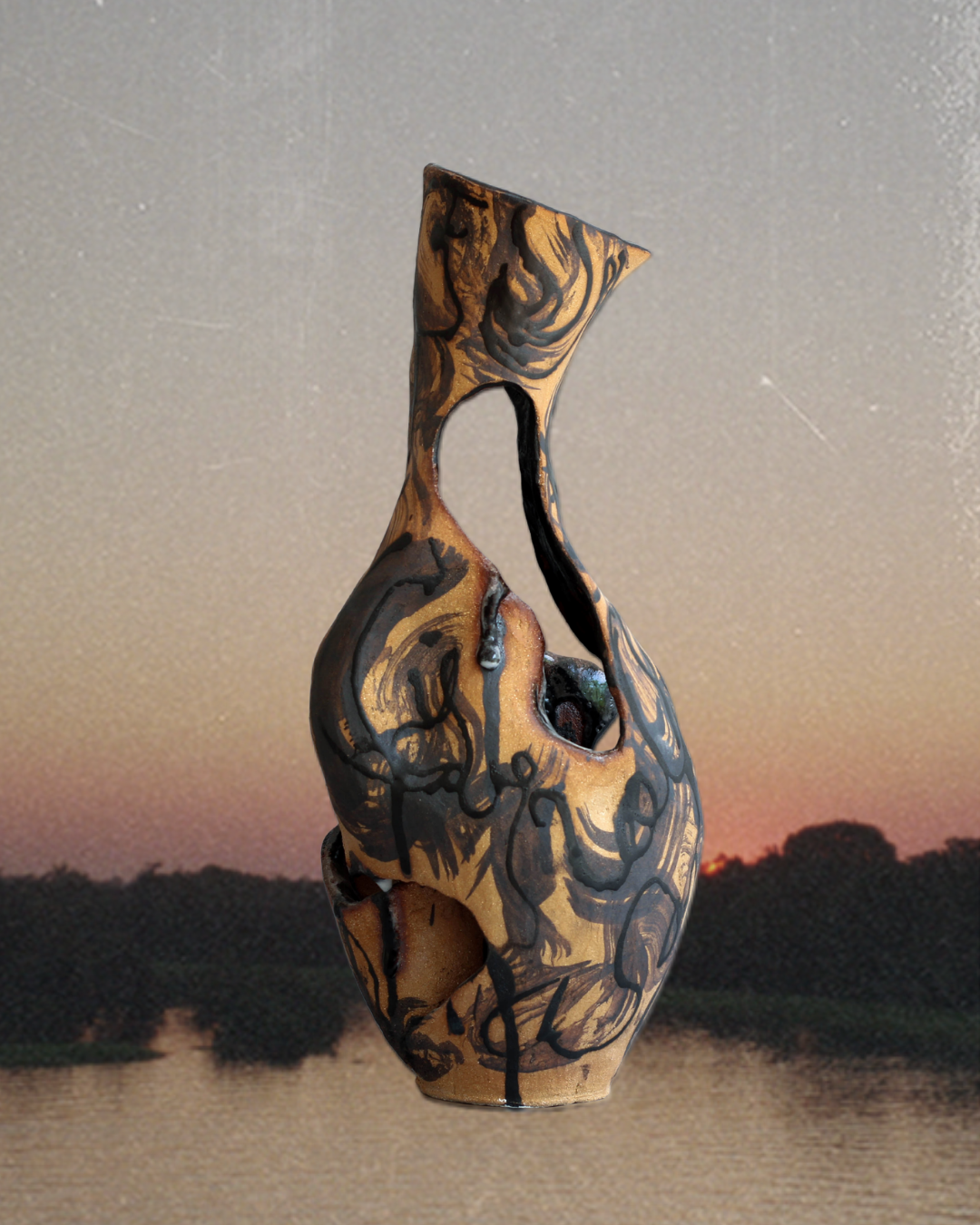 Hand-built ceramic sculpture from the Anatomy of a Vessel series, transforming a traditional vessel through intentional deformations and organic forms inspired by the flow of the Ucayali River.