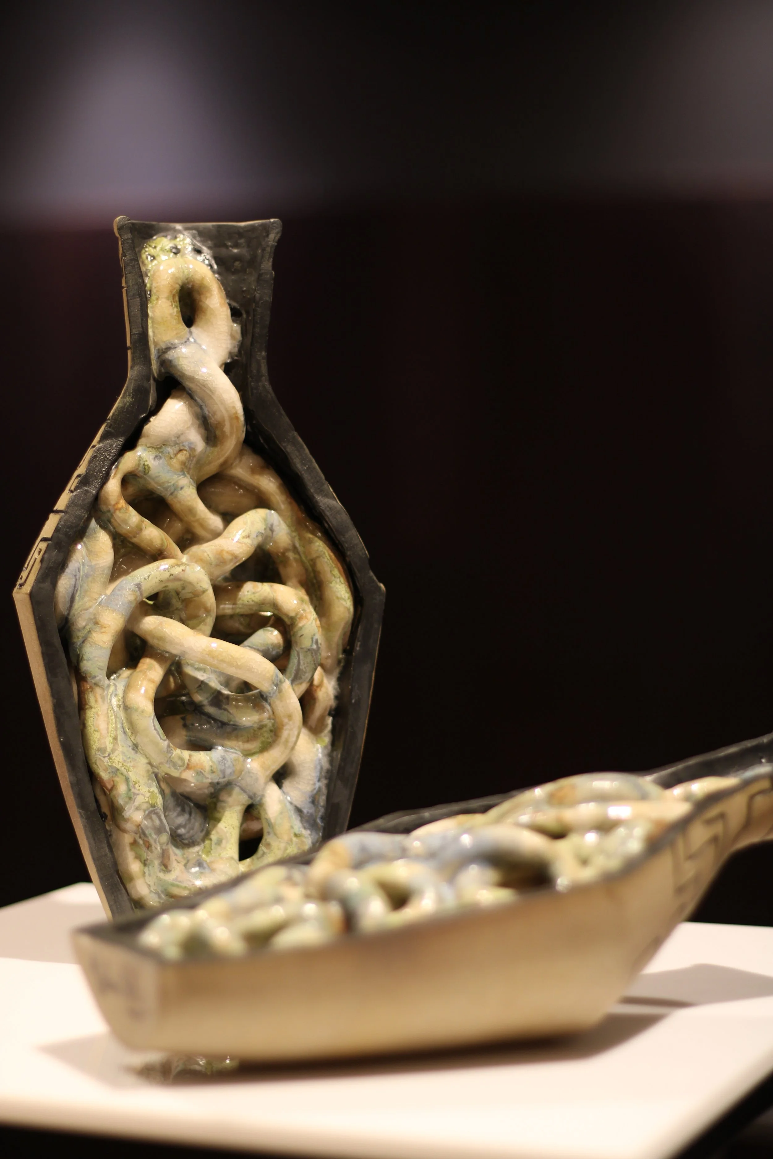 Installation view of Rituals de Resistència at  Barcelona, featuring hand-built ceramic sculpture Tipishka from the Atravesar Series.