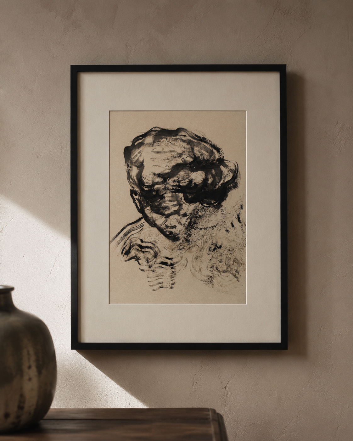 Oil painting on paper depicting an abstract portrait displayed as an artwork in an interior setting.