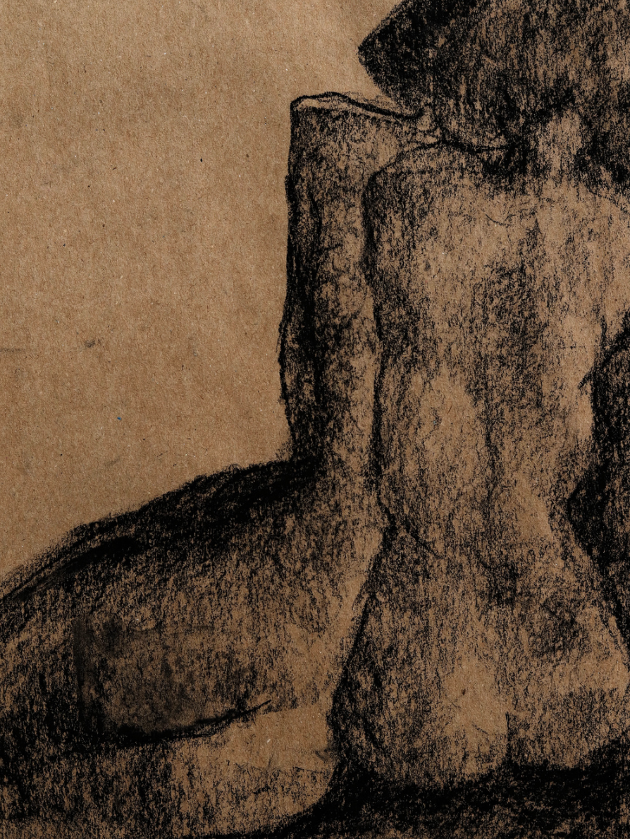 Charcoal expressive portrait with layered organic forms and flowing gestural brushstrokes.