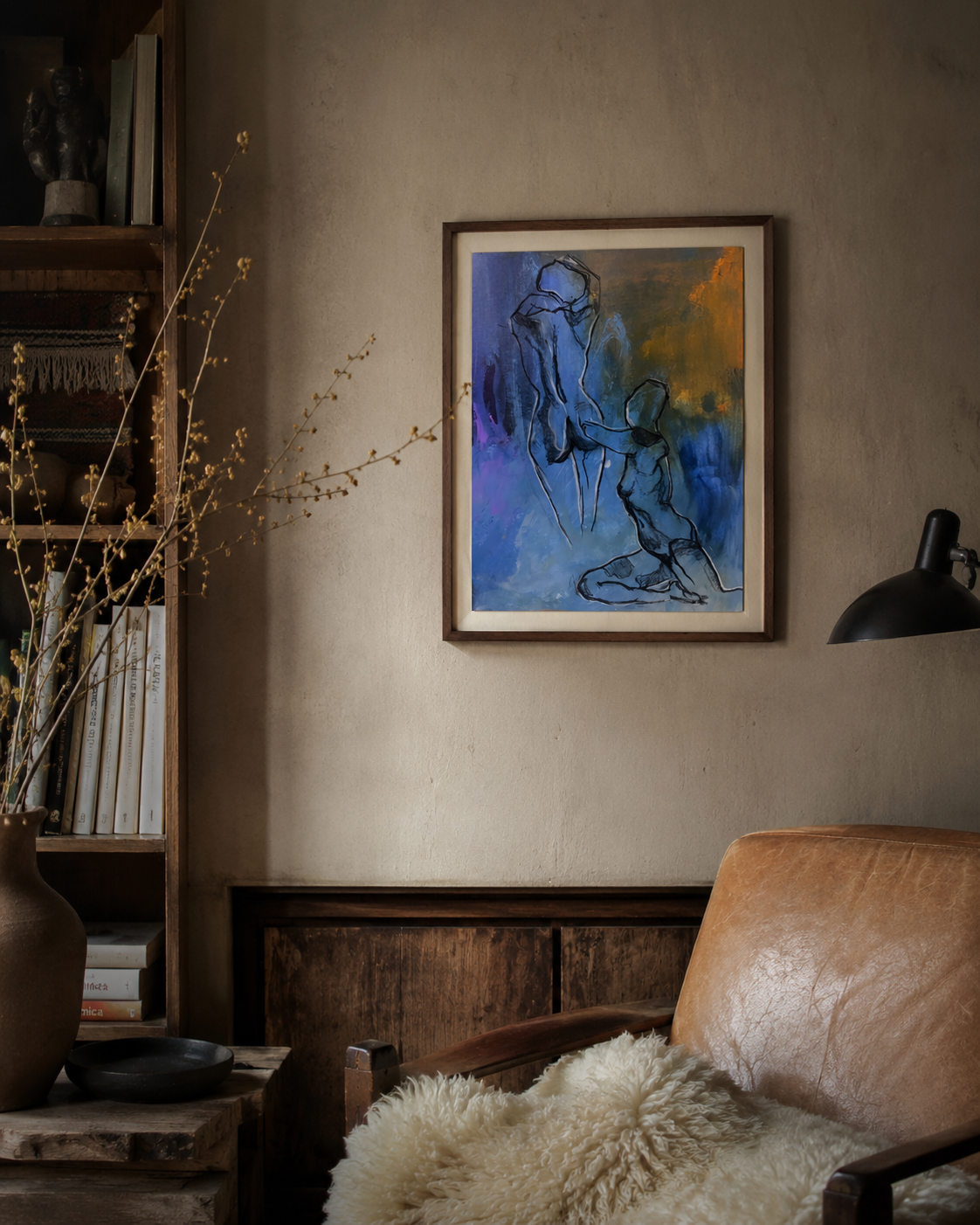 Framed abstract painting Blue Lagoon by Valeria R.O. displayed in an interior setting, combining a gestural figure with an atmospheric blue and orange background.