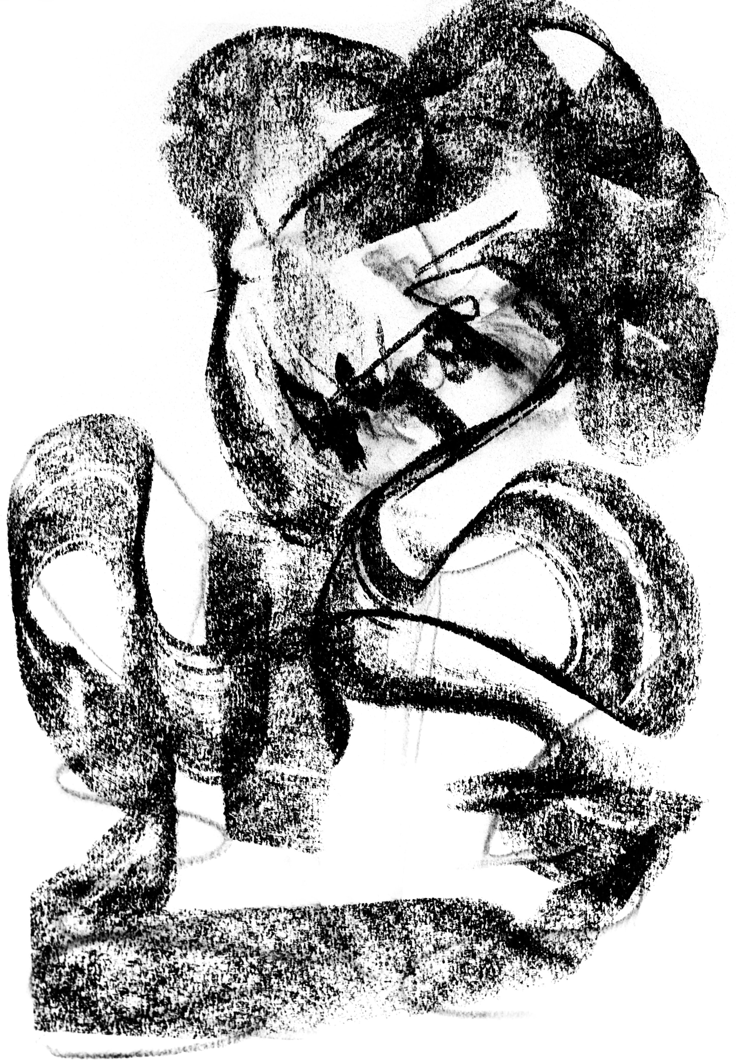 Charcoal drawing depicting an abstract face dissolving into flowing organic forms, created with expressive charcoal lines and soft tonal shading.