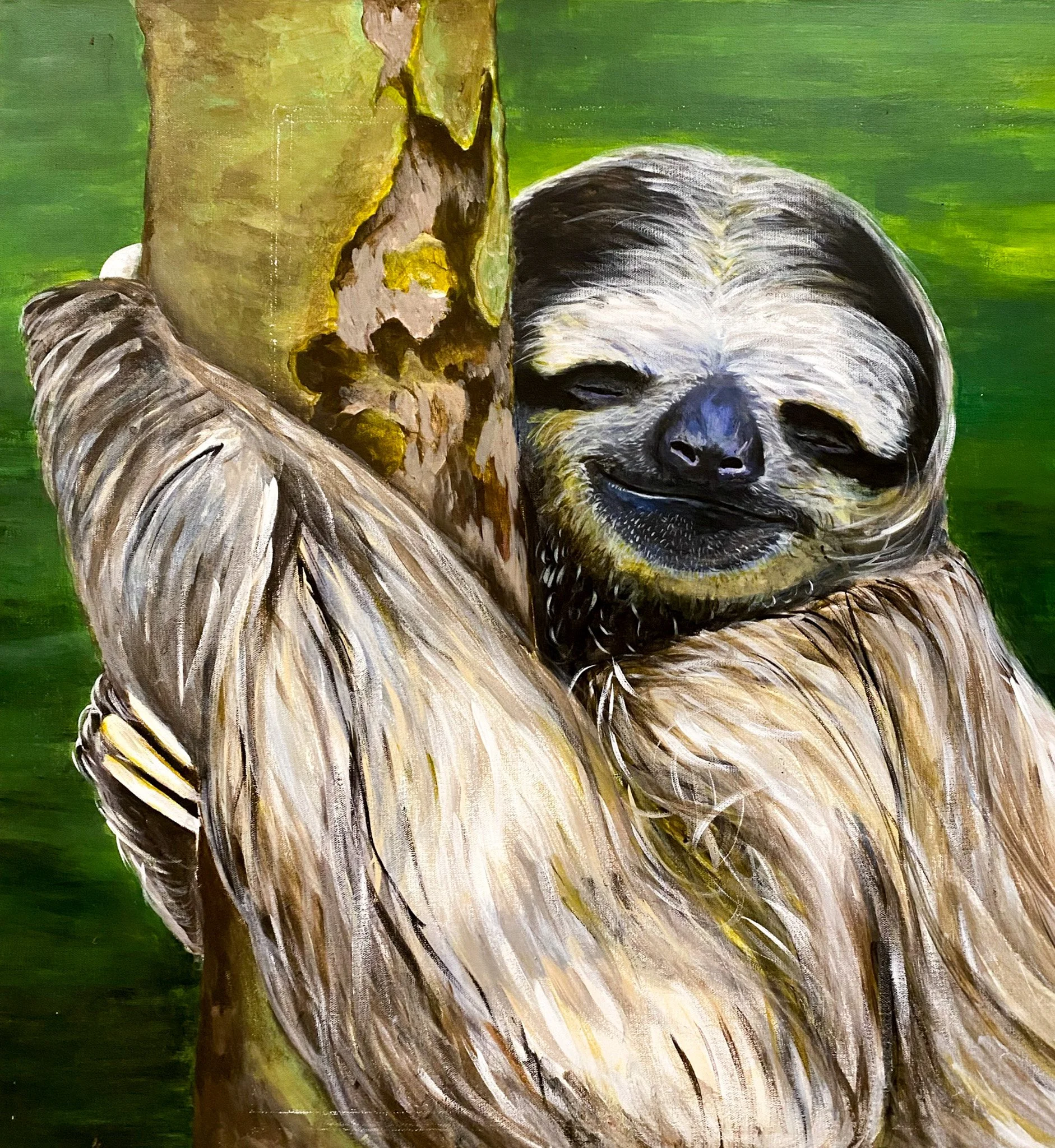 Acrylic painting depicting a native sloth from a commissioned series of fourteen artworks created for the cabins of Amatista, a Jungle Experiences Amazon cruise vessel, inspired by the wildlife and vegetation of the Peruvian Amazon.