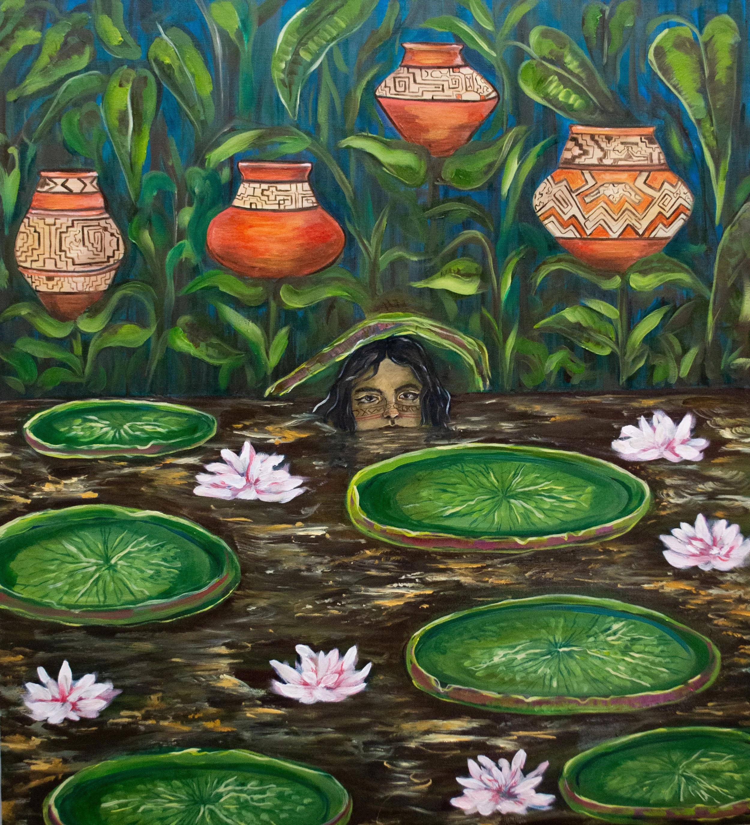 Oil painting depicting giant Victoria amazonica water lilies, ceramic vessels integrated into lush rainforest vegetation and a female figure emerging from the river.